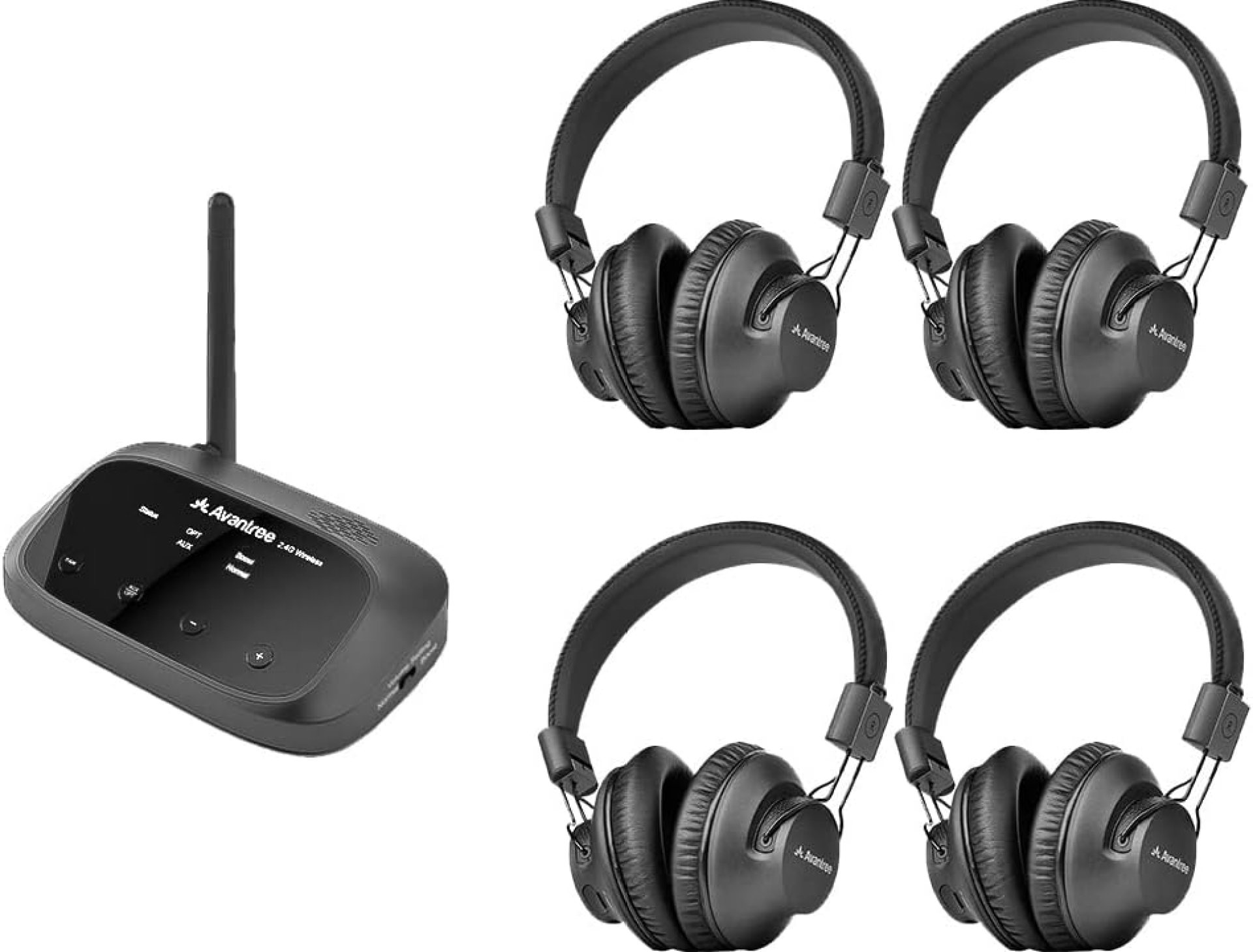 Avantree Quartet – 4 Wireless Headphones & 1 Transmitter for Multiple Group Listening Scalable to 100 with No Lip-Sync Delays for TV Watching, Silent Discos, Hearing Assistance in Church, and More Avantree Quartet – 4 Wireless Headphones & 1 Transmitter for Multiple Group Listening Scalable to 100 with No Lip-Sync Delays for TV Watching, Silent Discos, Hearing Assistance in Church, and More