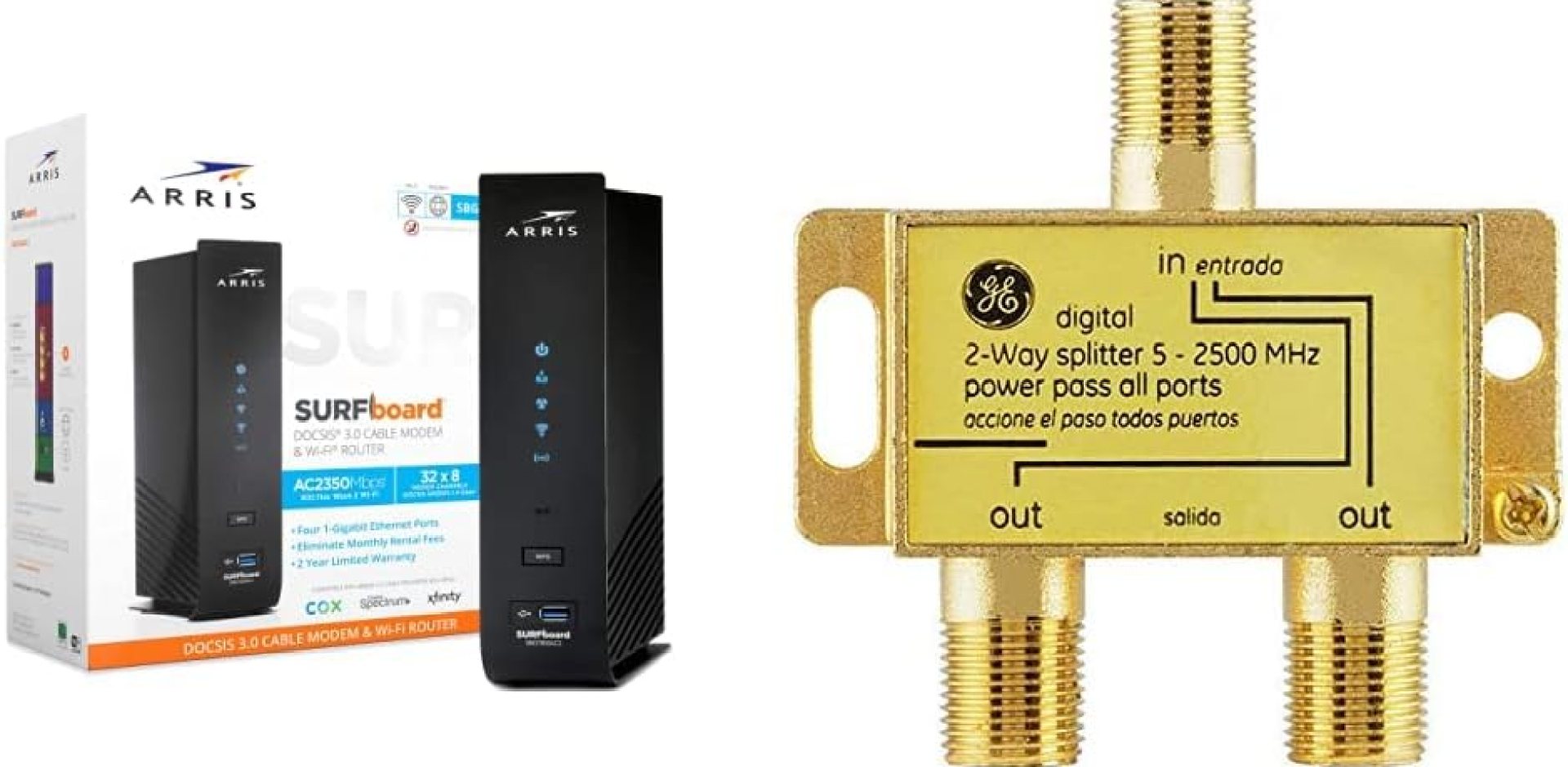 ARRIS SURFboard SBG7600AC2 DOCSIS 3.0 Cable Modem & AC2350 Wi-Fi Router and GE Digital 2-Way Coaxial Cable Splitter ARRIS SURFboard SBG7600AC2 DOCSIS 3.0 Cable Modem & AC2350 Wi-Fi Router and GE Digital 2-Way Coaxial Cable Splitter