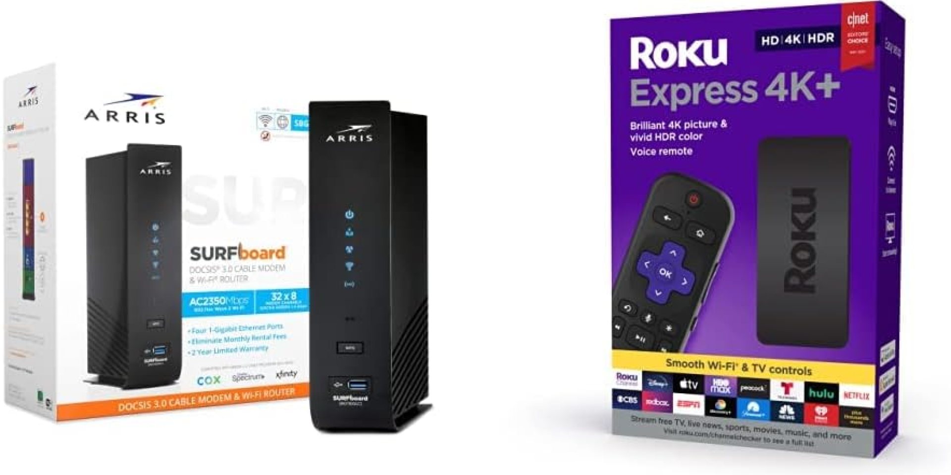 ARRIS SURFboard SBG7600AC2 DOCSIS 3.0 Cable Modem & AC2350 Wi-Fi Router + Roku Express 4K+ | Roku Streaming Device Bundle ARRIS SURFboard SBG7600AC2 DOCSIS 3.0 Cable Modem & AC2350 Wi-Fi Router + Roku Express 4K+ | Roku Streaming Device Bundle