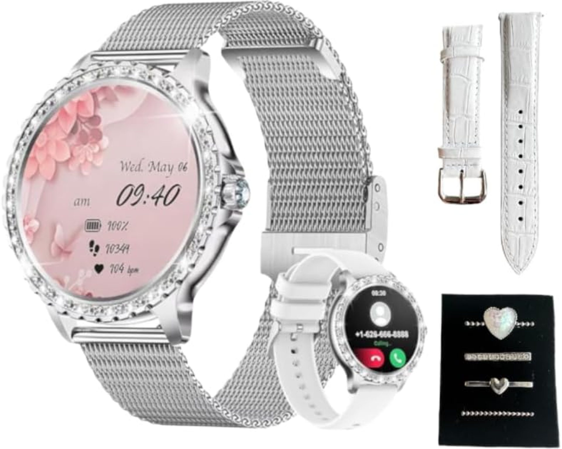Smart Watch for Women Silver with Diamonds.IP67 Fitness Tracker Sports Modes Smartwatches for Android iPhone iOS 3 Different Straps 4 Charms as Gift Smart Watch for Women Silver with Diamonds.IP67 Fitness Tracker Sports Modes Smartwatches for Android iPhone iOS 3 Different Straps 4 Charms as Gift