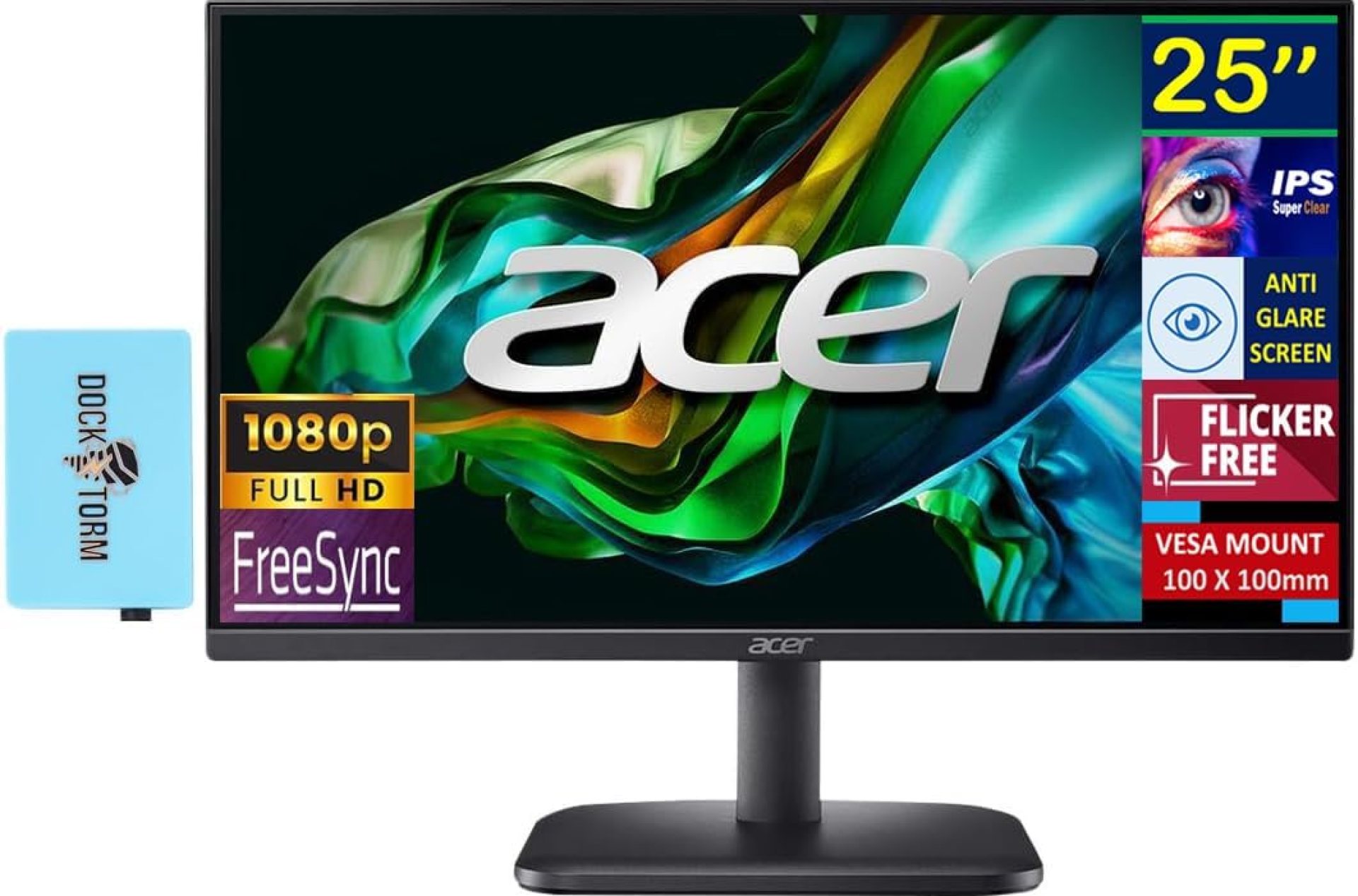 acer 24.5” Monitor, FHD IPS Display, 100hz with FreeSync Technology, VESA Mount (100x100mm), HDMI, VGA, Audio in/Out, (2025 Latest Model, E Series) w/Dockztorm Hub acer 24.5” Monitor, FHD IPS Display, 100hz with FreeSync Technology, VESA Mount (100x100mm), HDMI, VGA, Audio in/Out, (2025 Latest Model, E Series) w/Dockztorm Hub