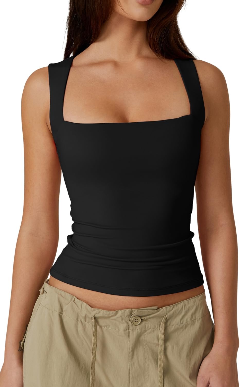 QINSEN Women’s Square Neck Sleeveless Double-Layer Tank Tops Basic Tight T Shirts QINSEN Women’s Square Neck Sleeveless Double-Layer Tank Tops Basic Tight T Shirts