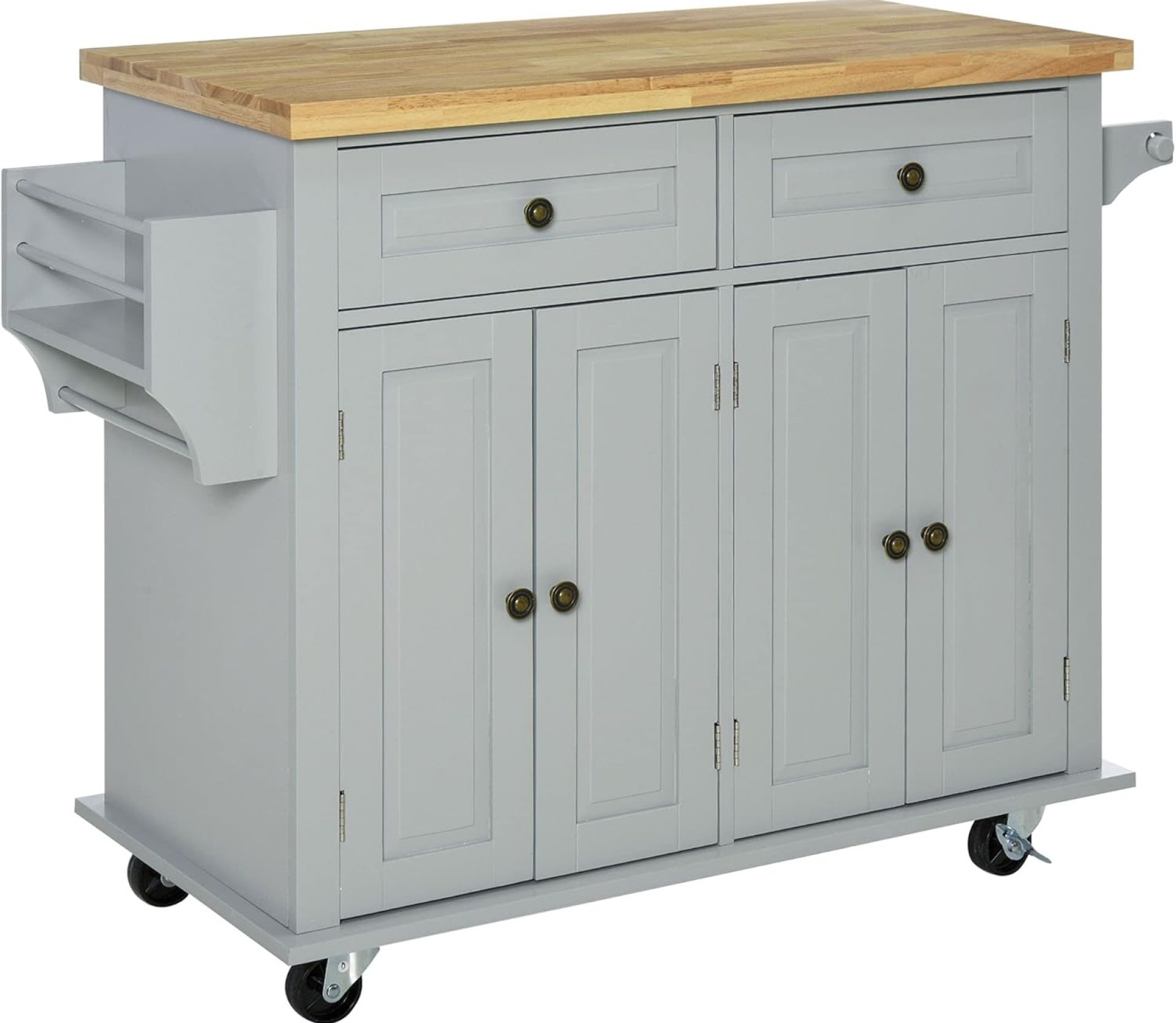 HOMCOM Kitchen Island on Wheels, Rolling Cart with Rubberwood Top, Spice Rack, Towel Rack and Drawers for Dining Room, Grey HOMCOM Kitchen Island on Wheels, Rolling Cart with Rubberwood Top, Spice Rack, Towel Rack and Drawers for Dining Room, Grey