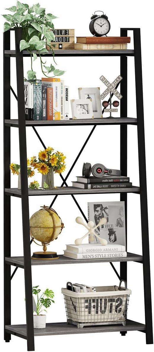 BON AUGURE 5-Tier Ladder Shelf, Industrial Leaning Bookcase, Wood and Metal Ladder Bookshelf for Living Room, Bedroom, Kitchen, Home Office (Grey Oak) BON AUGURE 5-Tier Ladder Shelf, Industrial Leaning Bookcase, Wood and Metal Ladder Bookshelf for Living Room, Bedroom, Kitchen, Home Office (Grey Oak)