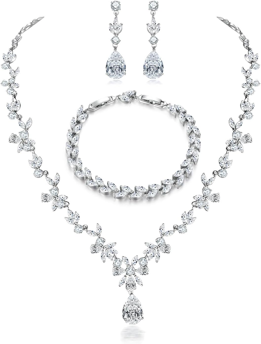 Hadskiss Jewelry Set for Women, Necklace Dangle Earrings Bracelet Set, Jewelry Set with White AAA Cubic Zirconia, Allergy Free Wedding Party Jewelry for Bridal Bridesmaid Hadskiss Jewelry Set for Women, Necklace Dangle Earrings Bracelet Set, Jewelry Set with White AAA Cubic Zirconia, Allergy Free Wedding Party Jewelry for Bridal Bridesmaid