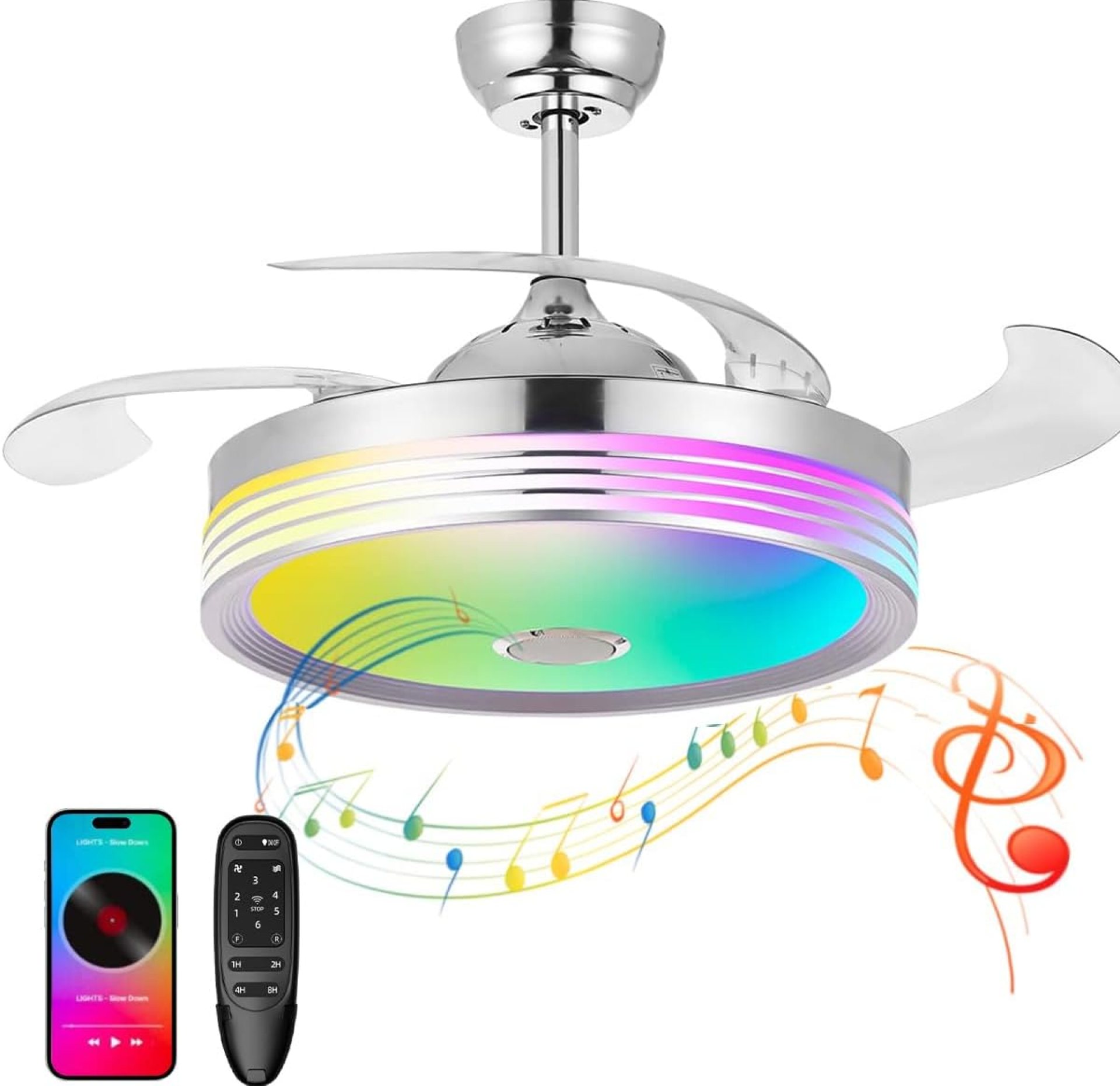 42″ Retractable Bluetooth Ceiling Fan with Light and APP Remote Modern Smart Fandelier Ceiling Fan with Music Speaker and RGB Dimmable Light 6 Speed Timer Buy one Fan Light get one Free Spare Part 42″ Retractable Bluetooth Ceiling Fan with Light and APP Remote Modern Smart Fandelier Ceiling Fan with Music Speaker and RGB Dimmable Light 6 Speed Timer Buy one Fan Light get one Free Spare Part