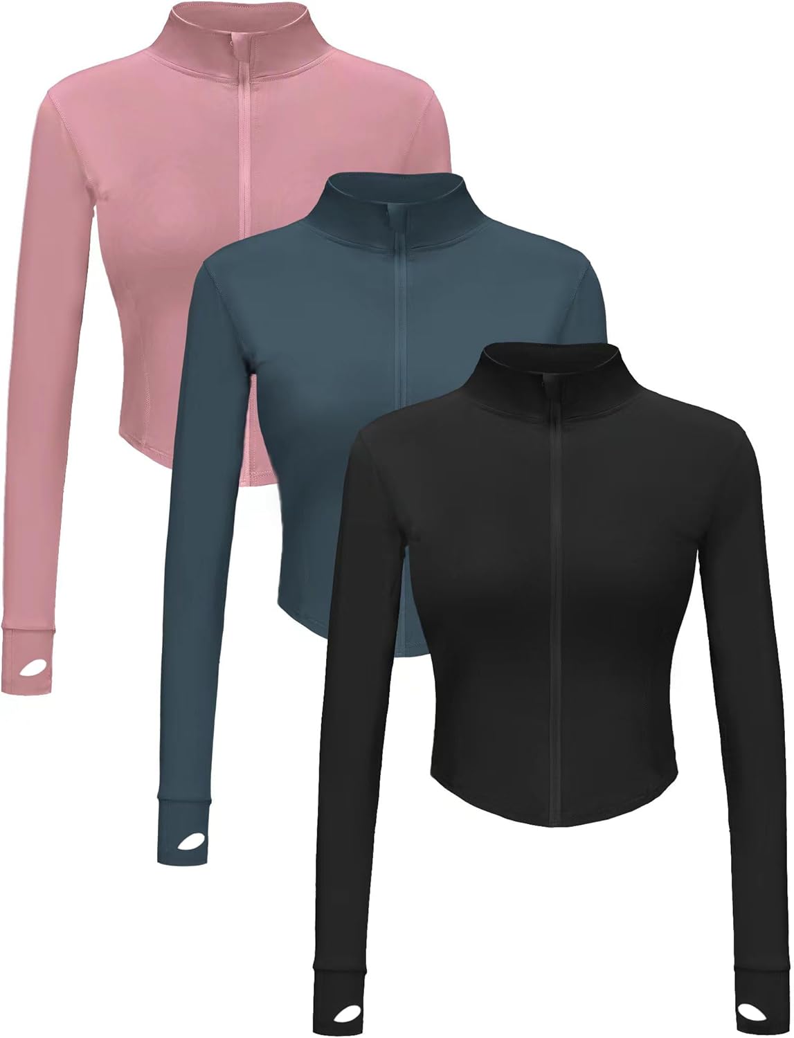 3 Pack Womens Cropped Full Zip up Workout Jacket Slim Fit Running Athletic Gym Yoga Sports Jacket with Thumb Holes 3 Pack Womens Cropped Full Zip up Workout Jacket Slim Fit Running Athletic Gym Yoga Sports Jacket with Thumb Holes