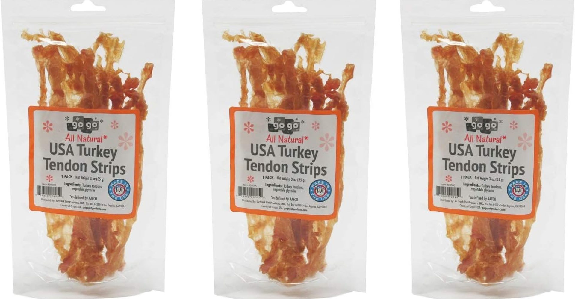 GOGO 3oz Turkey Tendon Strips Dog Chew Treats Sources and Made in The USA (3 Pack) GOGO 3oz Turkey Tendon Strips Dog Chew Treats Sources and Made in The USA (3 Pack)
