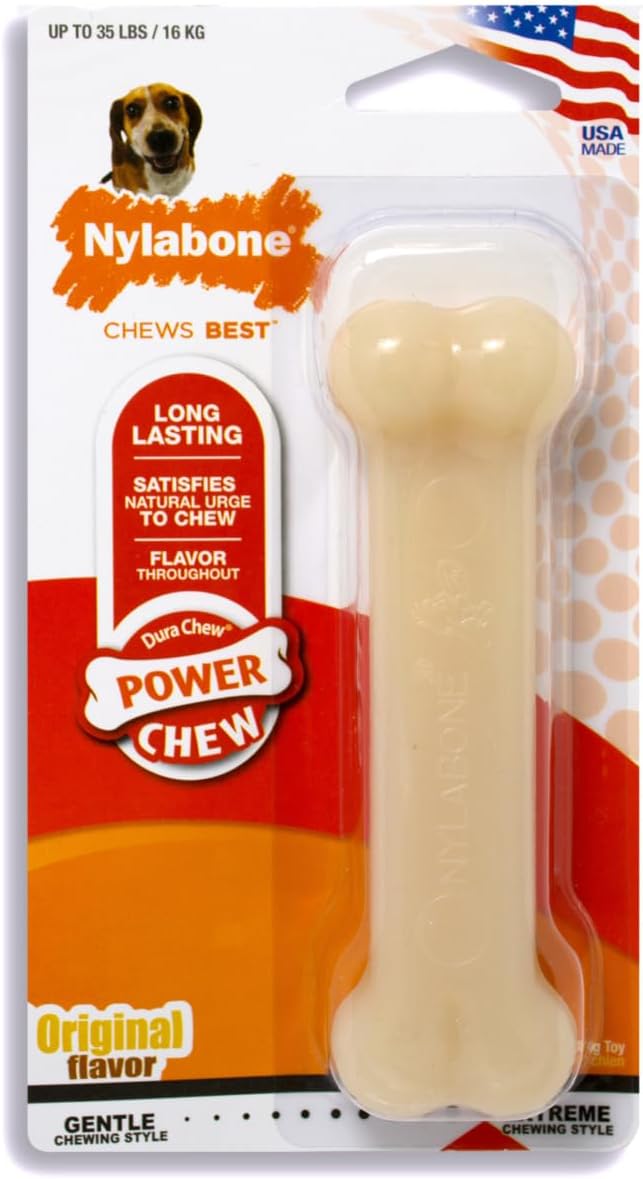 Nylabone Power Chew Classic Bone Chew Toy for Dogs, Durable Dog Toys for Aggressive Chewers, Peanut Butter Flavor, Medium/Wolf – Up to 35 lbs. (1 Count) Nylabone Power Chew Classic Bone Chew Toy for Dogs, Durable Dog Toys for Aggressive Chewers, Peanut Butter Flavor, Medium/Wolf – Up to 35 lbs. (1 Count)