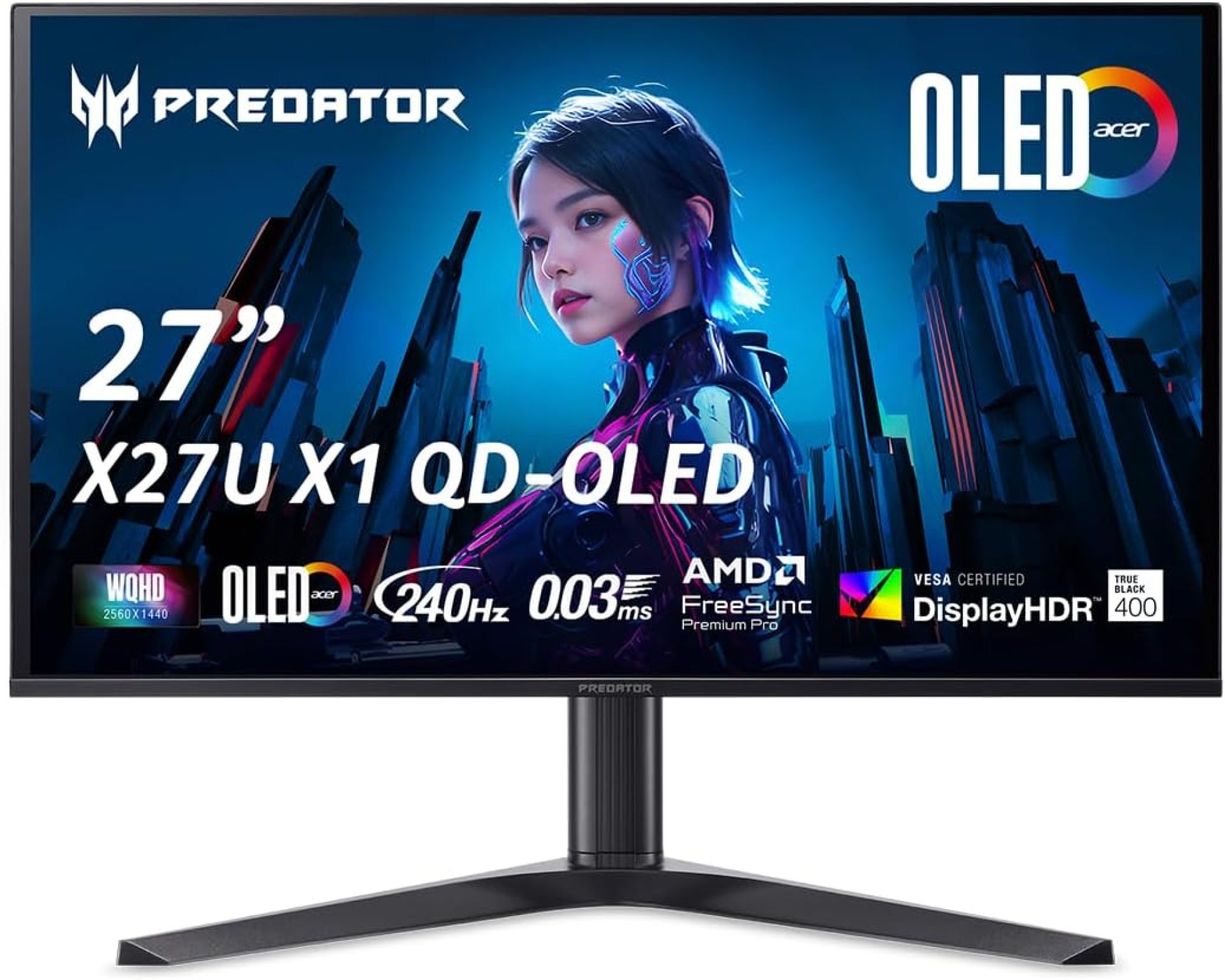 Acer Predator Gaming Monitor | 27″ WQHD (2560 x 1440) OLED | AMD FreeSync Premium Pro | 240Hz | 0.03ms (G to G) | VESA DisplayHDR True Black 400 | Display Port 1.4 & 2 x HDMI 2.1 | X27U X1bmiiphx Acer Predator Gaming Monitor | 27″ WQHD (2560 x 1440) OLED | AMD FreeSync Premium Pro | 240Hz | 0.03ms (G to G) | VESA DisplayHDR True Black 400 | Display Port 1.4 & 2 x HDMI 2.1 | X27U X1bmiiphx