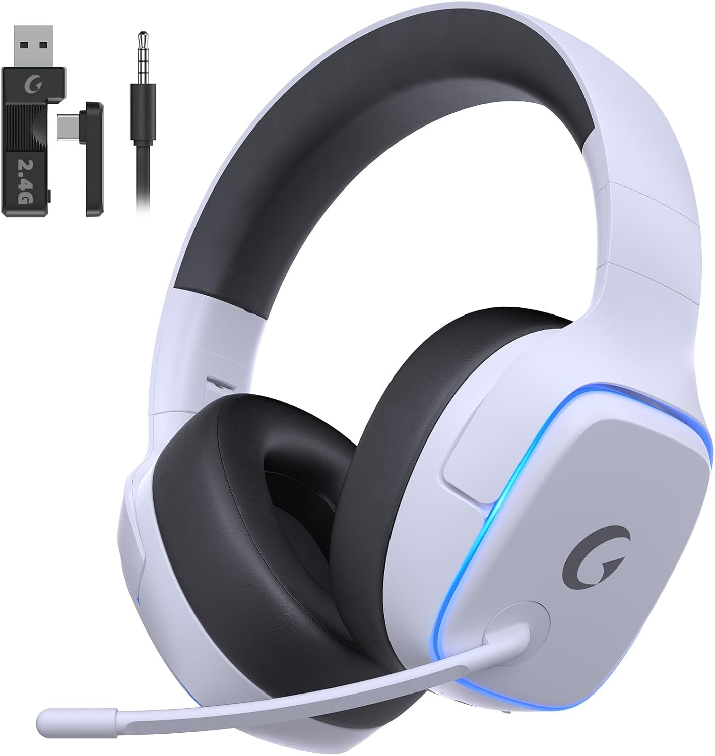 2.4GHz Wireless Gaming Headsets for PS5, PS4, PC, Switch – Bluetooth 5.3 Gaming Headphones with Noise Canceling Mic, 7.1 Surround Sound, 70H Battery, Gaming Lighting – White 2.4GHz Wireless Gaming Headsets for PS5, PS4, PC, Switch – Bluetooth 5.3 Gaming Headphones with Noise Canceling Mic, 7.1 Surround Sound, 70H Battery, Gaming Lighting – White