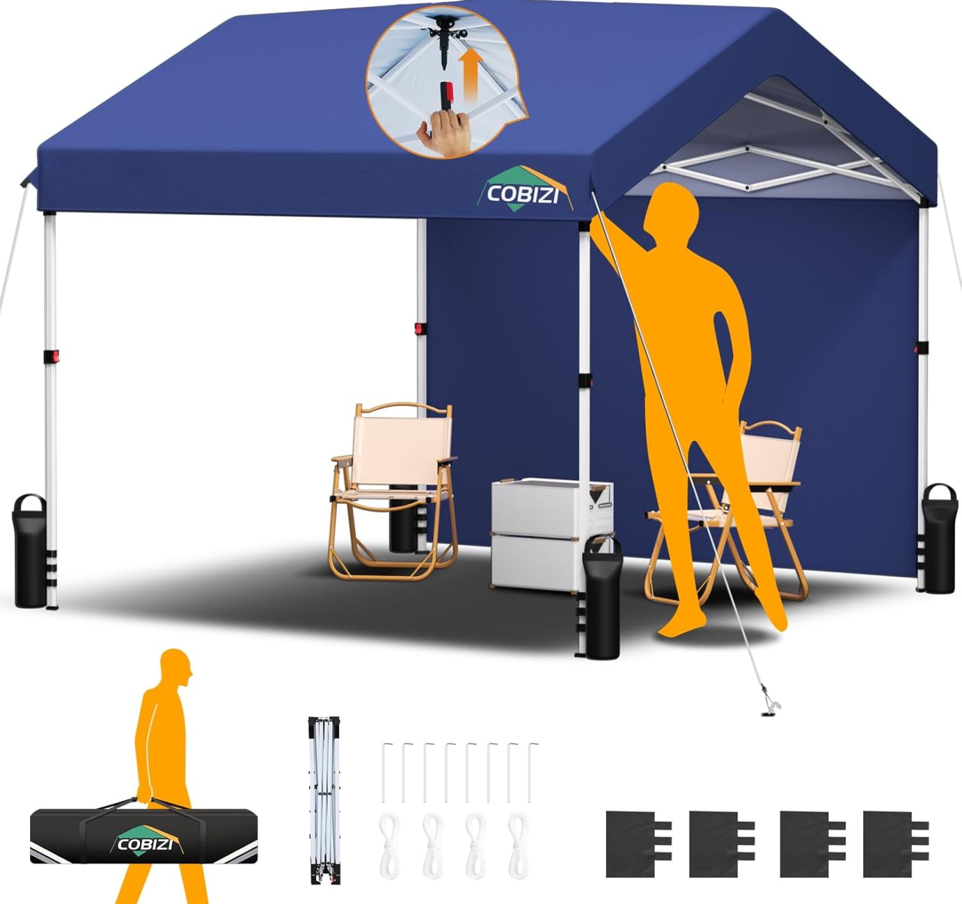 COBIZI Canopy Tent 10×10 Pop Up Canopy with One Button Push Center Lock, Portable Carport with 1 sidewall, 10×10 Carport Canopy for Parties, Commercial, Events, Waterproof, UPF 50+, Dark Blue COBIZI Canopy Tent 10×10 Pop Up Canopy with One Button Push Center Lock, Portable Carport with 1 sidewall, 10×10 Carport Canopy for Parties, Commercial, Events, Waterproof, UPF 50+, Dark Blue