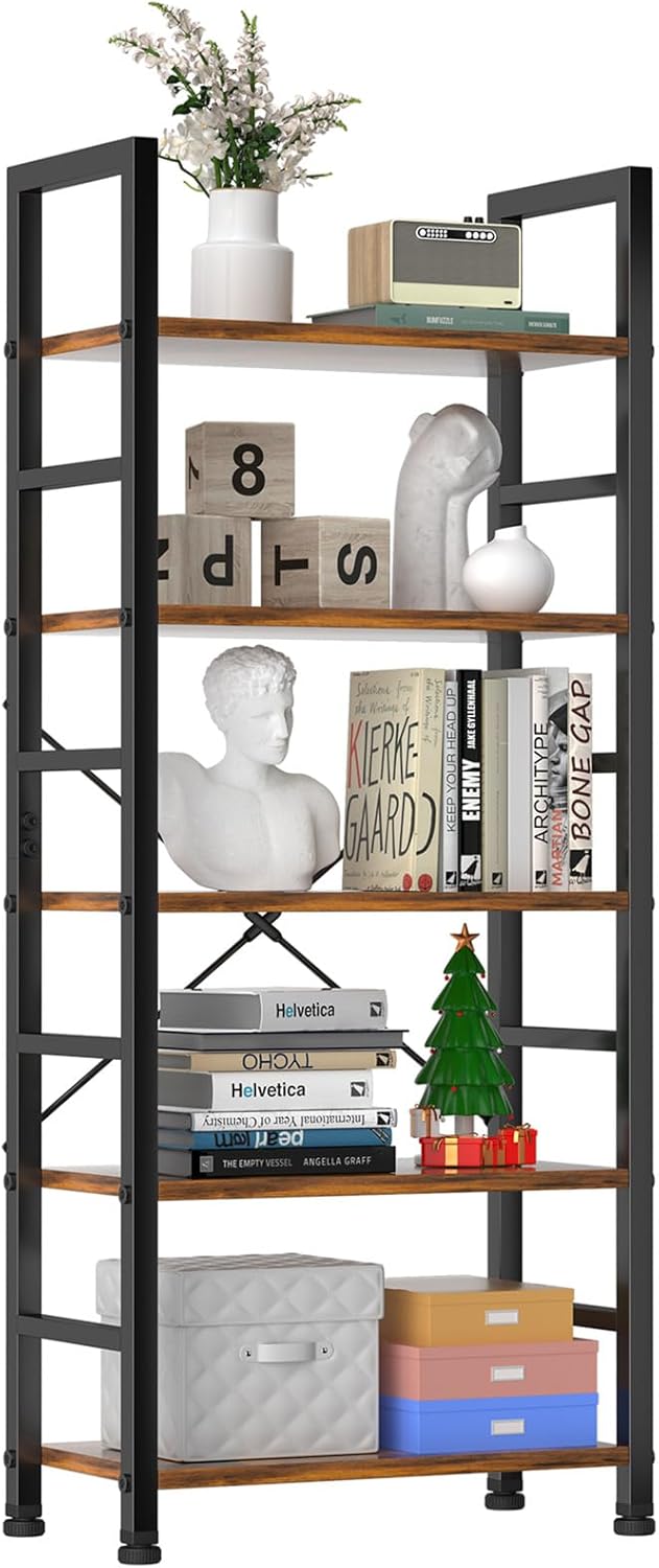 Sweetcrispy Book Shelf, 5 Tier Bookcase, Modern Tall Bookshelf for Garage Kit, CDs, Movies, Industrial Corner Storage Organizer for Bedroom Home Office Kitchen Living Room, Rustic Brown Sweetcrispy Book Shelf, 5 Tier Bookcase, Modern Tall Bookshelf for Garage Kit, CDs, Movies, Industrial Corner Storage Organizer for Bedroom Home Office Kitchen Living Room, Rustic Brown