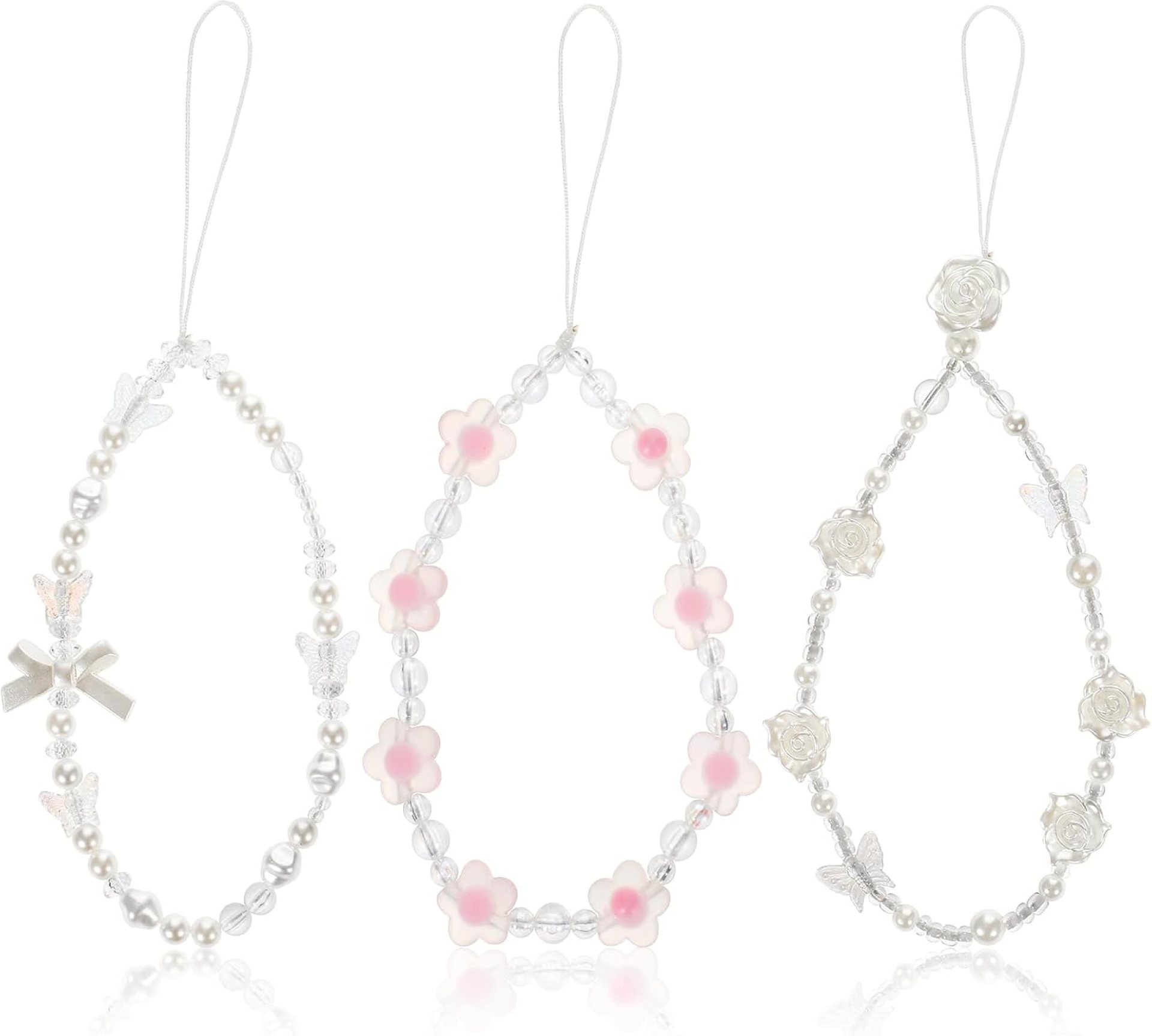 3 PCS Crystal Beaded Phone Bracelet Strap,Bow Butterfly and Flower Beaded Phone Wrist Strap Phone Bracelet Lanyard for Women Girls Cell Phone Charms Bag & Key Accessories(White, Pink) 3 PCS Crystal Beaded Phone Bracelet Strap,Bow Butterfly and Flower Beaded Phone Wrist Strap Phone Bracelet Lanyard for Women Girls Cell Phone Charms Bag & Key Accessories(White, Pink)