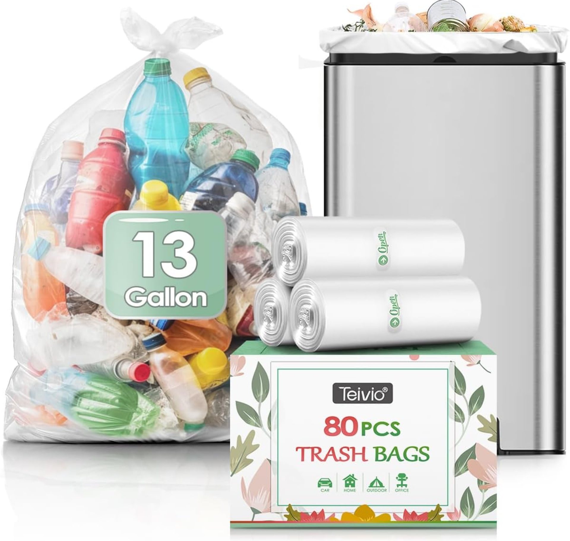 13 Gallon 80 Counts Strong Trash Bags Garbage Bags by Teivio, Bin Liners, Plastic Bags for home office kitchen, Clear 13 Gallon 80 Counts Strong Trash Bags Garbage Bags by Teivio, Bin Liners, Plastic Bags for home office kitchen, Clear