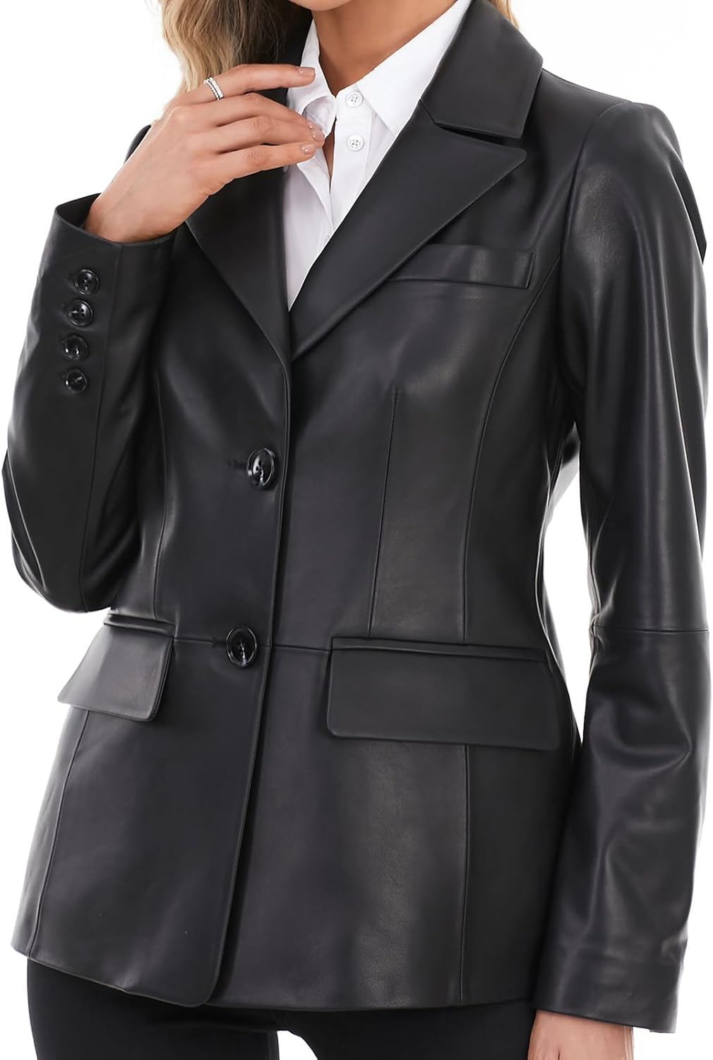 Lambskin Leather Jacket Women,Long Sleeve Button Front Leather Blazer,Notched Lapel Casual Style,Vent Detail Lambskin Leather Jacket Women,Long Sleeve Button Front Leather Blazer,Notched Lapel Casual Style,Vent Detail