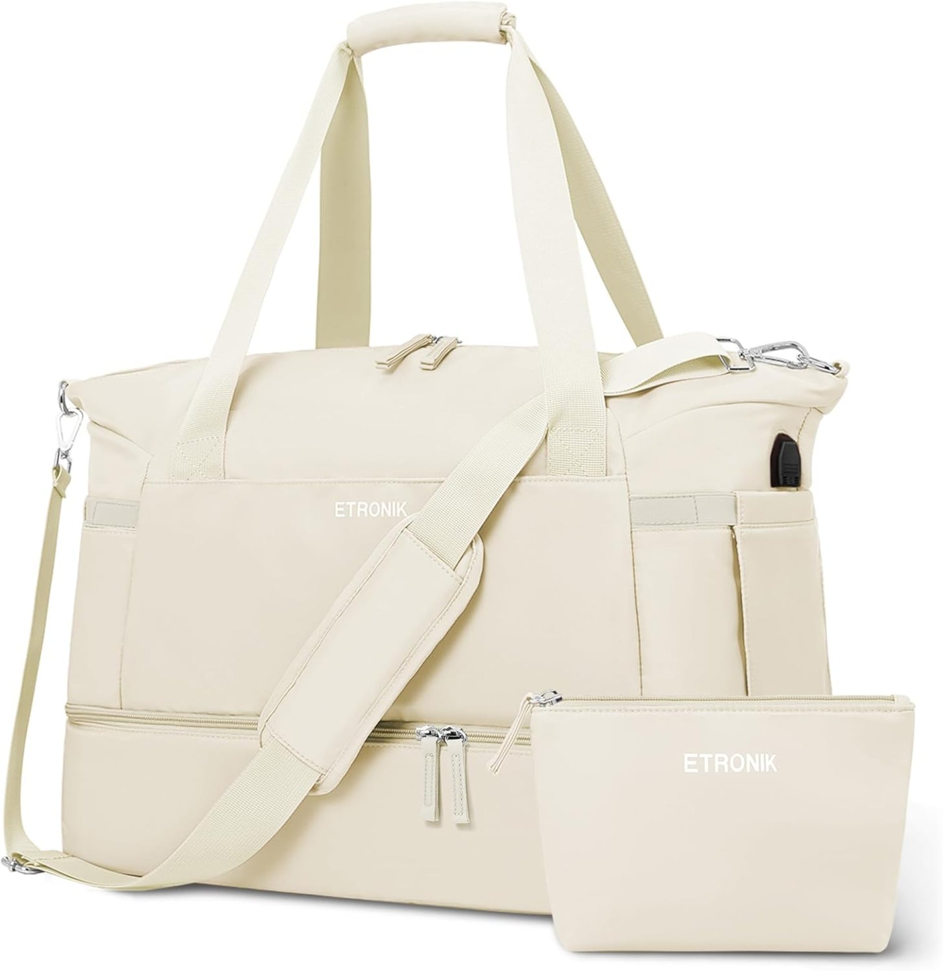 ETRONIK Gym Bag for Women, Personal Item Travel Bag with Shoes Compartment, Weekender Overnight Duffel Bag with Wet Pocket & USB Charging Port, Carry On Bag for Women, Travel, Gym, Weekend (Beige) ETRONIK Gym Bag for Women, Personal Item Travel Bag with Shoes Compartment, Weekender Overnight Duffel Bag with Wet Pocket & USB Charging Port, Carry On Bag for Women, Travel, Gym, Weekend (Beige)