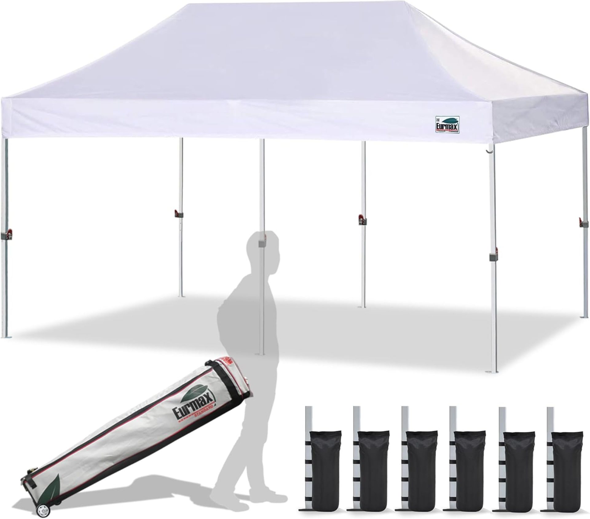 Eurmax USA 10’x20′ Pop Up Canopy Tent Commercial Instant Canopies with Heavy Duty Roller Bag,Bonus 6 Sand Weights Bags (White) Eurmax USA 10’x20′ Pop Up Canopy Tent Commercial Instant Canopies with Heavy Duty Roller Bag,Bonus 6 Sand Weights Bags (White)