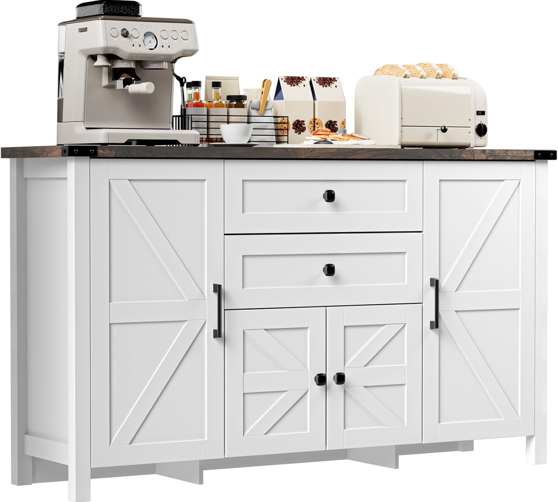 58″ Sideboard Buffet Cabinet with Storage, Coffee Bar Cabinet with 2 Drawers and 4 Barn Doors, Long Storage Cabinet Modern Farmhouse, White Wood, for Kitchen, Dining Room, Living Room 58″ Sideboard Buffet Cabinet with Storage, Coffee Bar Cabinet with 2 Drawers and 4 Barn Doors, Long Storage Cabinet Modern Farmhouse, White Wood, for Kitchen, Dining Room, Living Room