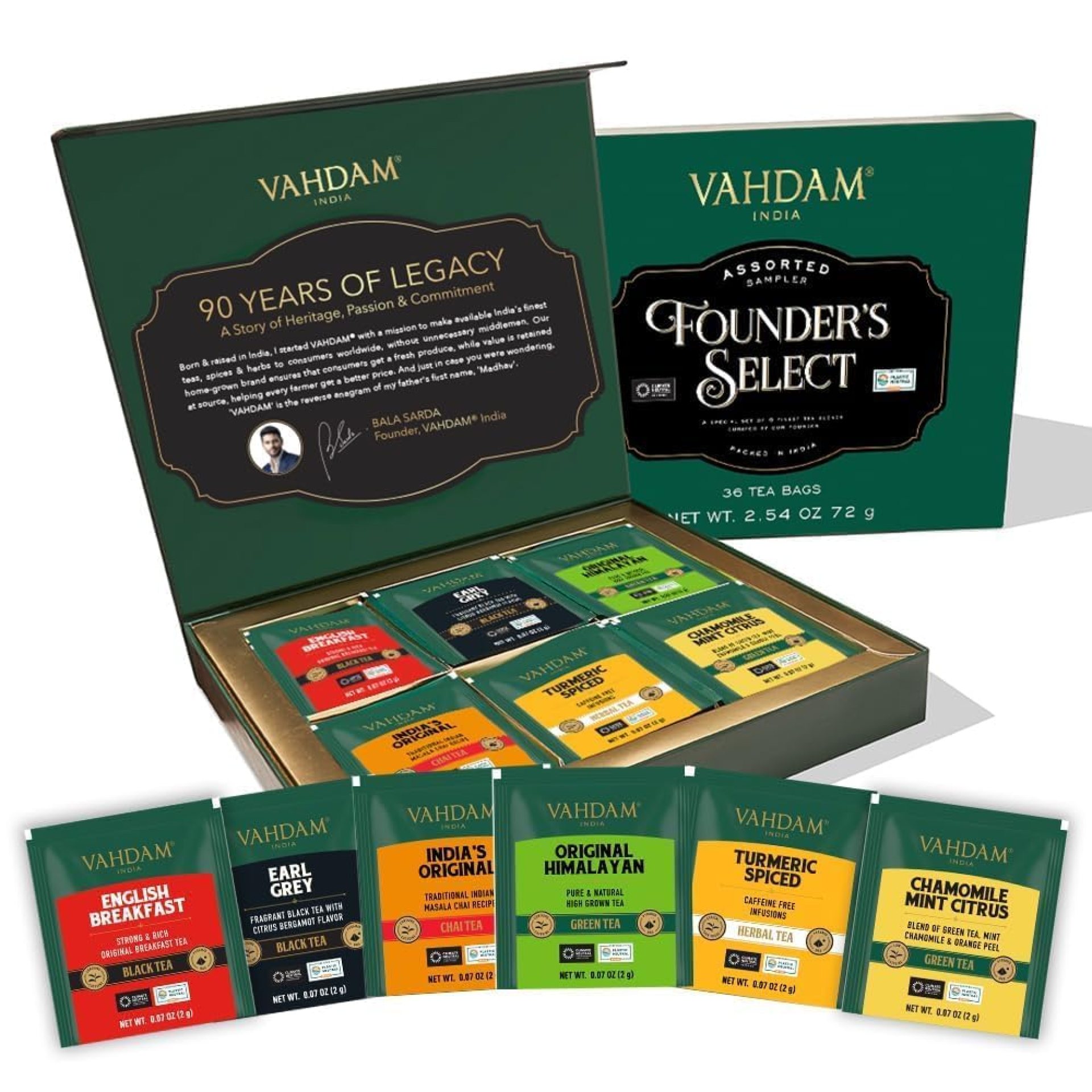 VAHDAM, Founder’s Select Gift Set – 6 Delicious Wellness Blend from India (36 Individually Wrapped Ecofriendly Pyramid Tea Bags) I Gifts for Women and Men I Tea Set for Tea Lovers VAHDAM, Founder’s Select Gift Set – 6 Delicious Wellness Blend from India (36 Individually Wrapped Ecofriendly Pyramid Tea Bags) I Gifts for Women and Men I Tea Set for Tea Lovers