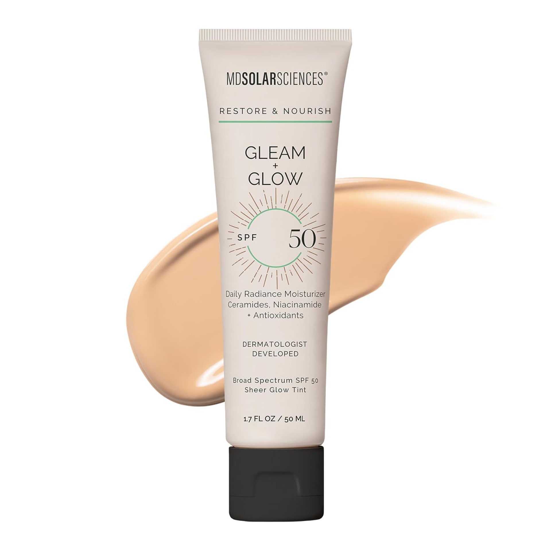 MDSolarSciences Gleam and Glow Sunscreen SPF 50 Tinted Face Moisturizer with Broad Spectrum UV Protection, Anti Aging Antioxidants, Sheer, Hydrating, Makeup Primer for Radiant Skin, 1.7 Fl Oz MDSolarSciences Gleam and Glow Sunscreen SPF 50 Tinted Face Moisturizer with Broad Spectrum UV Protection, Anti Aging Antioxidants, Sheer, Hydrating, Makeup Primer for Radiant Skin, 1.7 Fl Oz
