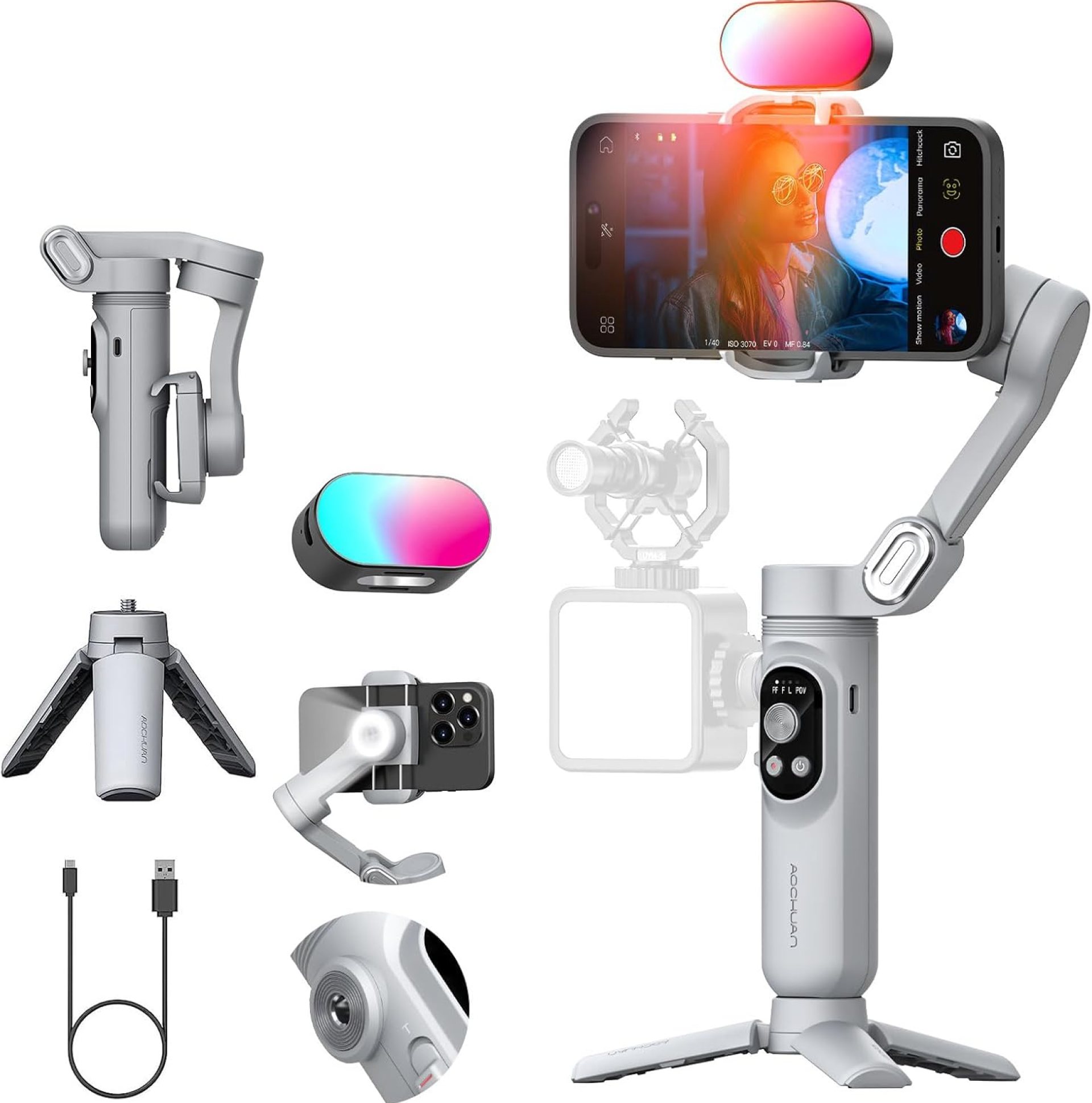 3-axis Gimbal Stabilizer for Smartphone w/ 1/4 Thread Foldable Phone Stabilizer for Recording, Built-in Fill Light, Smartphone Gimbal w/RGB Light for iPhone 15/14 Vlogging(Smart X Kit Grey) 3-axis Gimbal Stabilizer for Smartphone w/ 1/4 Thread Foldable Phone Stabilizer for Recording, Built-in Fill Light, Smartphone Gimbal w/RGB Light for iPhone 15/14 Vlogging(Smart X Kit Grey)