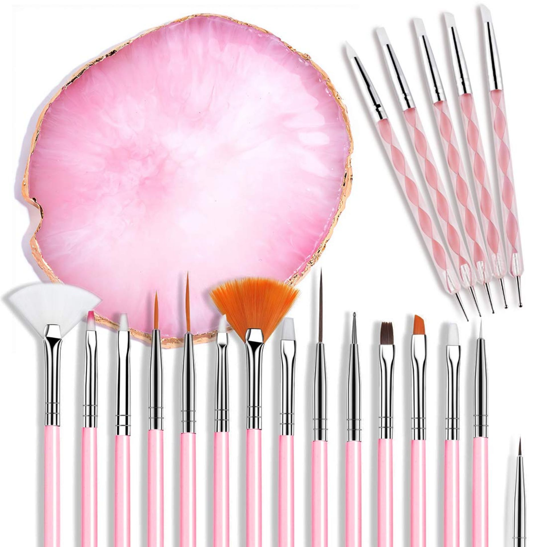21 Pcs Nail Art Brushes Nail Art Tool Set Resin Palette Nail Art Painting Mixed Color 2 Way Acrylic Silicone Carving Pen Dotting Pen Tool Manicure Kit DIY Makeup Display Board for Home Salon, Pink 21 Pcs Nail Art Brushes Nail Art Tool Set Resin Palette Nail Art Painting Mixed Color 2 Way Acrylic Silicone Carving Pen Dotting Pen Tool Manicure Kit DIY Makeup Display Board for Home Salon, Pink