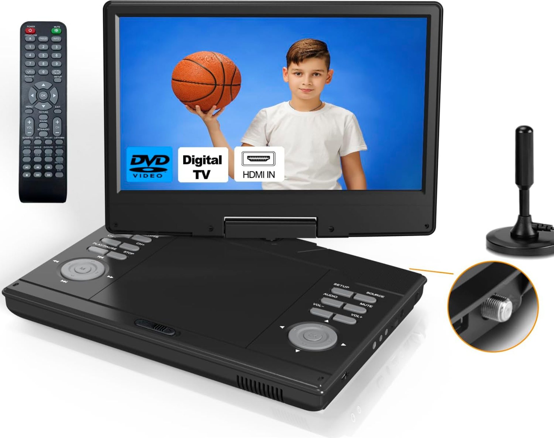 13.8″ Portable DVD Player Built in Digital TV Tuner with 12″ HD Screen, HDMI Input, Battery Powered and High Volume Speakers, Supports USB/Audio/Sync TV 13.8″ Portable DVD Player Built in Digital TV Tuner with 12″ HD Screen, HDMI Input, Battery Powered and High Volume Speakers, Supports USB/Audio/Sync TV