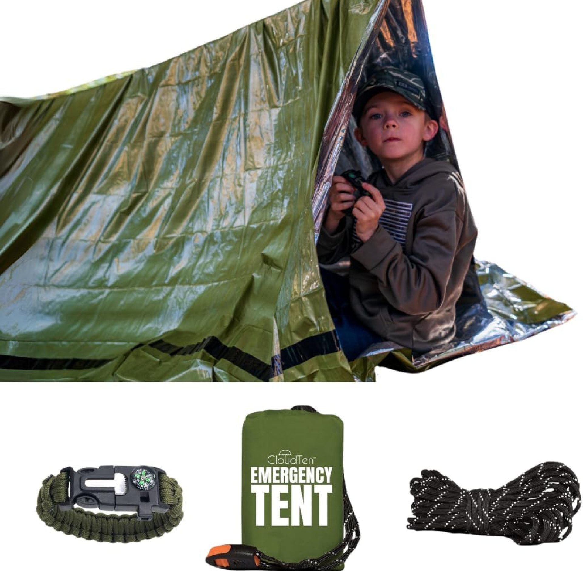 CloudTen Survival Gear: Lightweight 2 Person Survival Tent with Multi-Function Paracord Bracelets – Essential Emergency Tent & Bug Out Bag Items for Preppers, Hikers, Survivalists, Campers, Boy Scouts CloudTen Survival Gear: Lightweight 2 Person Survival Tent with Multi-Function Paracord Bracelets – Essential Emergency Tent & Bug Out Bag Items for Preppers, Hikers, Survivalists, Campers, Boy Scouts