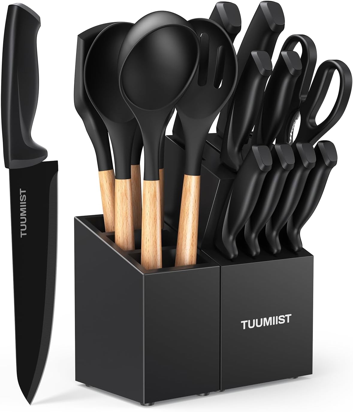 32-Piece Knife Set with Block, Sharpener, Silverware Set, and Removable Magnetic Utensil Holder (Black) – Precision Cutting and Organized Dining: Complete Kitchen Solution 32-Piece Knife Set with Block, Sharpener, Silverware Set, and Removable Magnetic Utensil Holder (Black) – Precision Cutting and Organized Dining: Complete Kitchen Solution