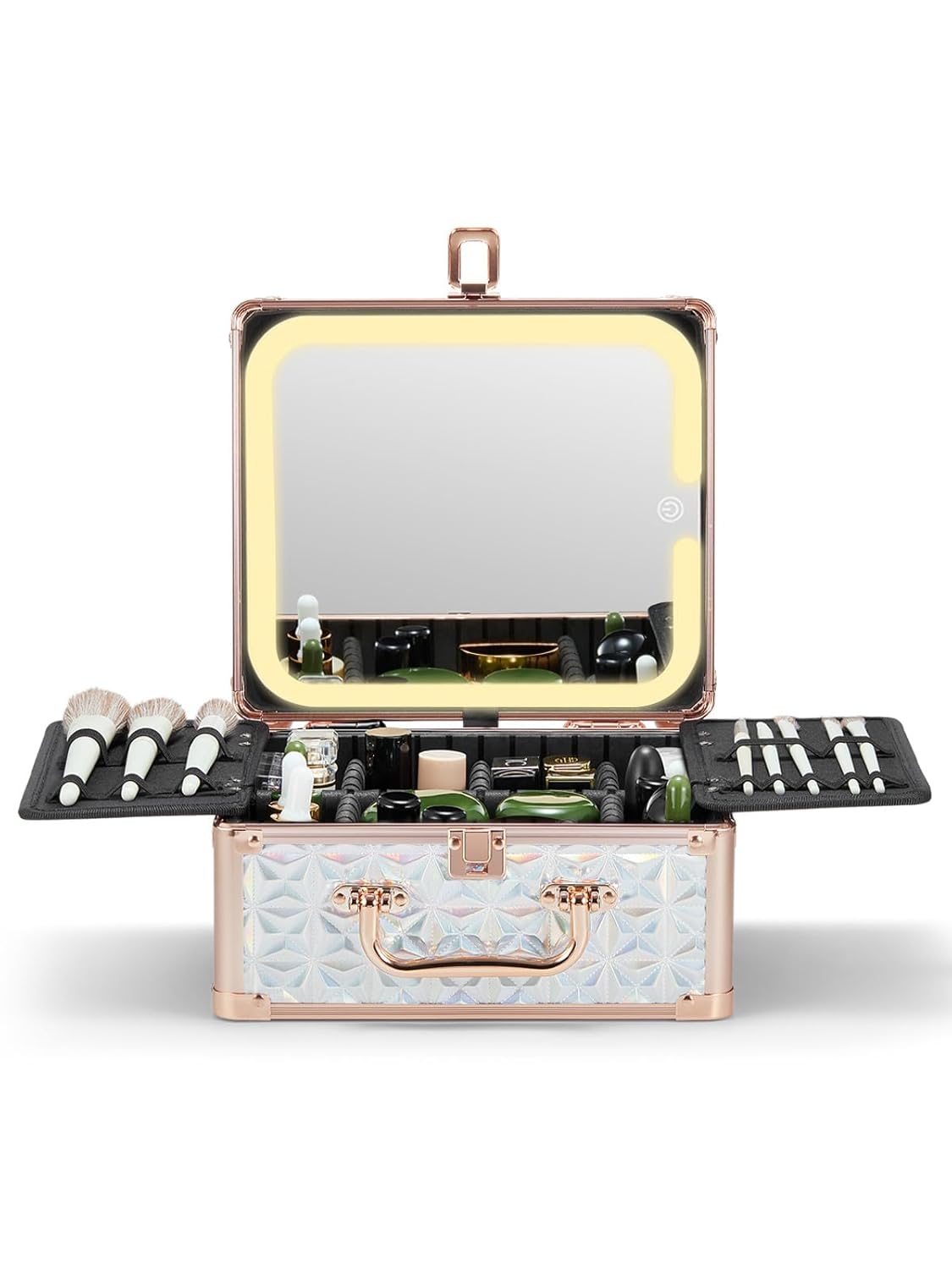 Qislee Makeup Box with A Detachable Lighted Mirror, Waterproof Travel Train Case, Cosmetic Organizer and Makeup Suitcase with Adjustable Dividers, Magnetic LED Mirror(Sparkling Blue) Qislee Makeup Box with A Detachable Lighted Mirror, Waterproof Travel Train Case, Cosmetic Organizer and Makeup Suitcase with Adjustable Dividers, Magnetic LED Mirror(Sparkling Blue)