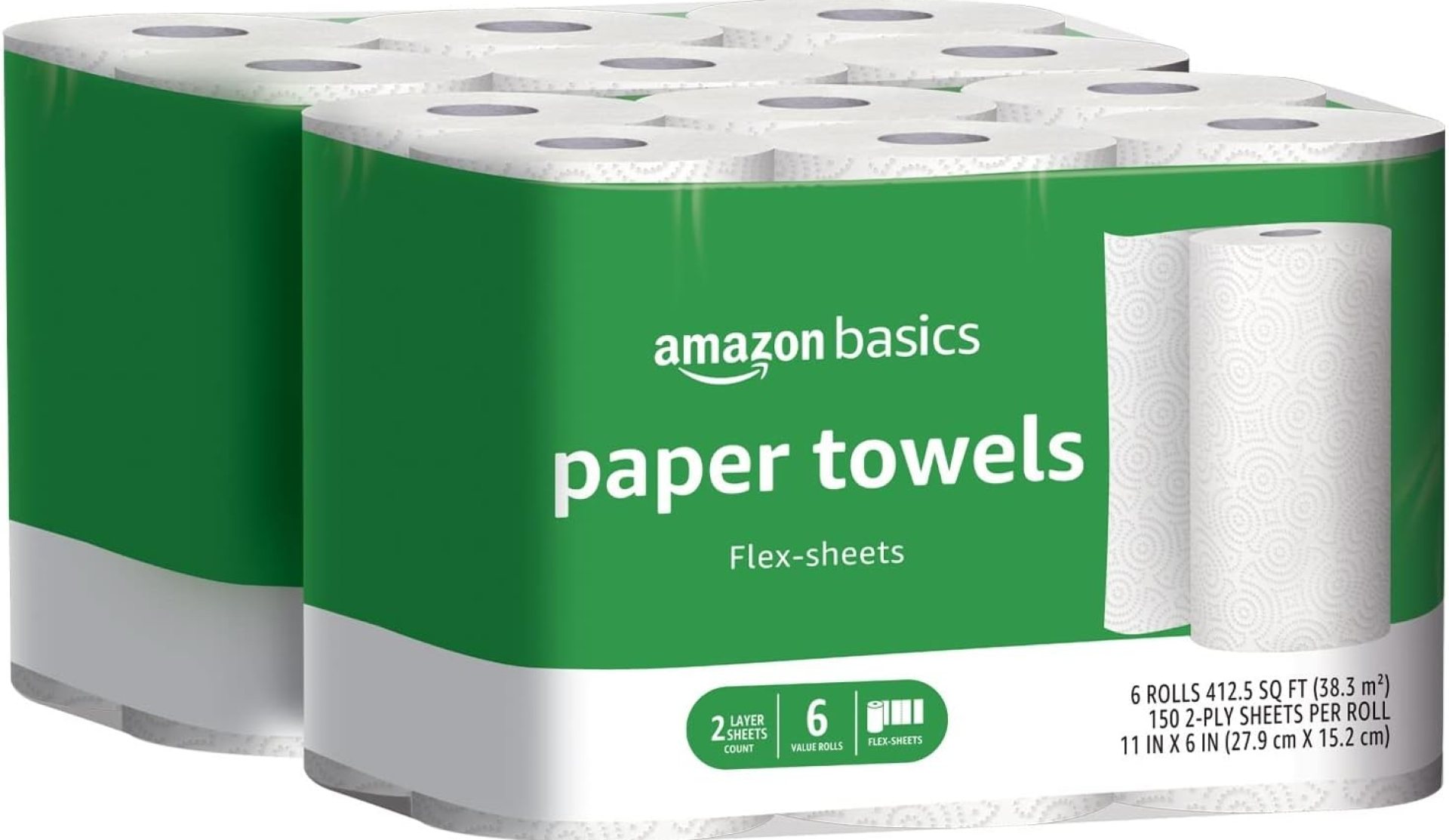 Amazon Basics 2-Ply Flex-Sheets Paper Towels, 12 Basics Rolls = 32 Regular Rolls, Everyday Value with 150 Sheets per Roll Amazon Basics 2-Ply Flex-Sheets Paper Towels, 12 Basics Rolls = 32 Regular Rolls, Everyday Value with 150 Sheets per Roll