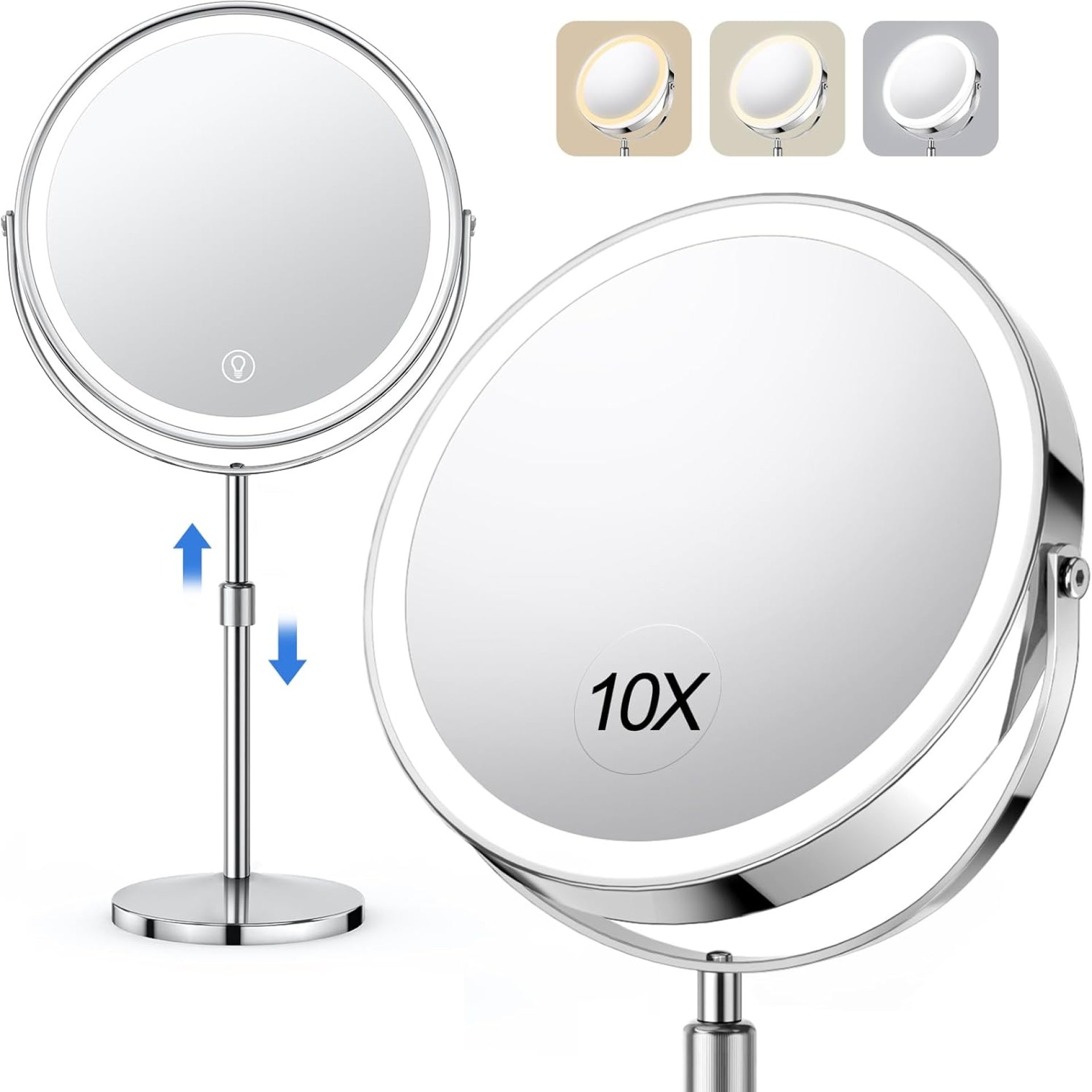 10x Large Lighted Makeup Mirror, Rechargeable 8″ Height Adjustable Vanity Mirror, 1x/10x Magnifying Mirror with 3 Color, Brightness Adjustable, 360° Rotation Double Sided Mirror, Gift for Women 10x Large Lighted Makeup Mirror, Rechargeable 8″ Height Adjustable Vanity Mirror, 1x/10x Magnifying Mirror with 3 Color, Brightness Adjustable, 360° Rotation Double Sided Mirror, Gift for Women