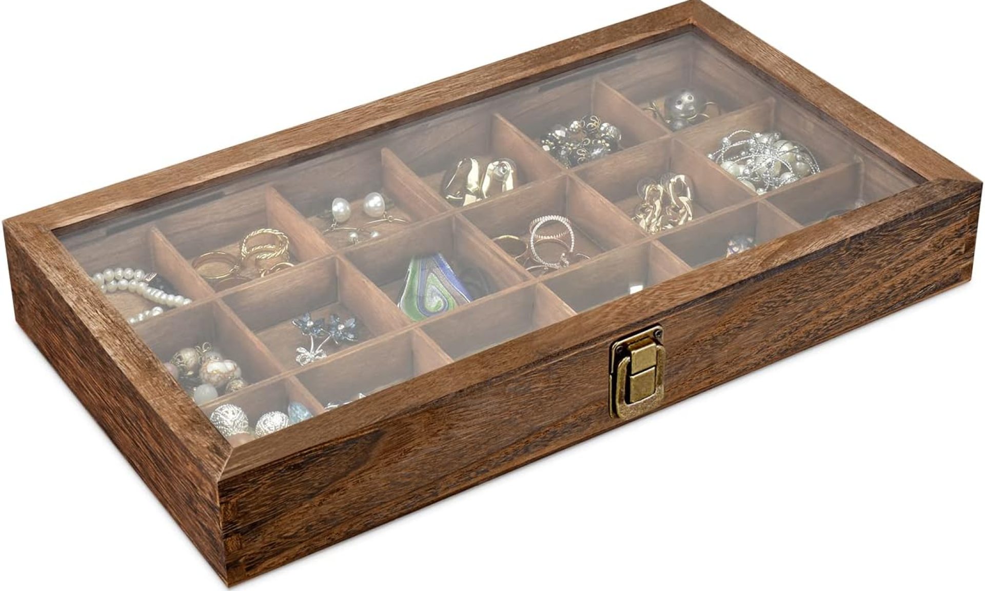 MOOCA Wooden Display Storage Case with Tempered Glass Lid for Jewelry and Beads with 18 Compartments Tray, 15 W x 8 3/8 L x 2 1/8 H in, Brown Color MOOCA Wooden Display Storage Case with Tempered Glass Lid for Jewelry and Beads with 18 Compartments Tray, 15 W x 8 3/8 L x 2 1/8 H in, Brown Color