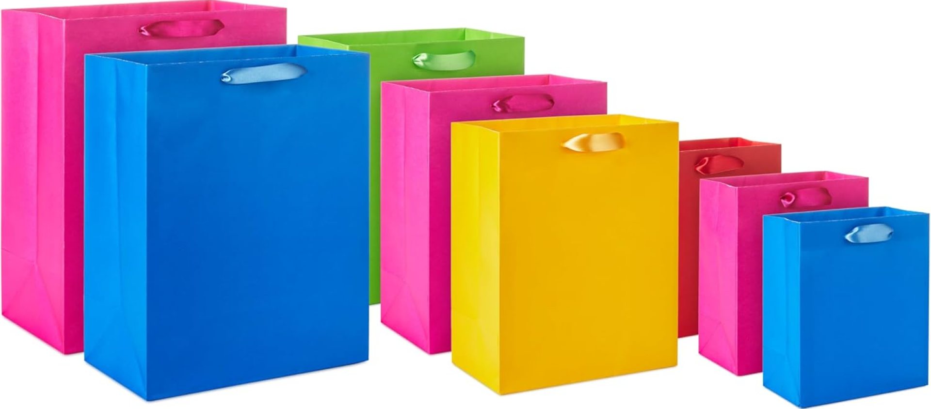 Hallmark Assorted Gift Bags (8 Bags: 3 Small 6″, 3 Medium 9″, 2 Large 13″) Solid Pink, Blue, Green, Yellow, Red Hallmark Assorted Gift Bags (8 Bags: 3 Small 6″, 3 Medium 9″, 2 Large 13″) Solid Pink, Blue, Green, Yellow, Red