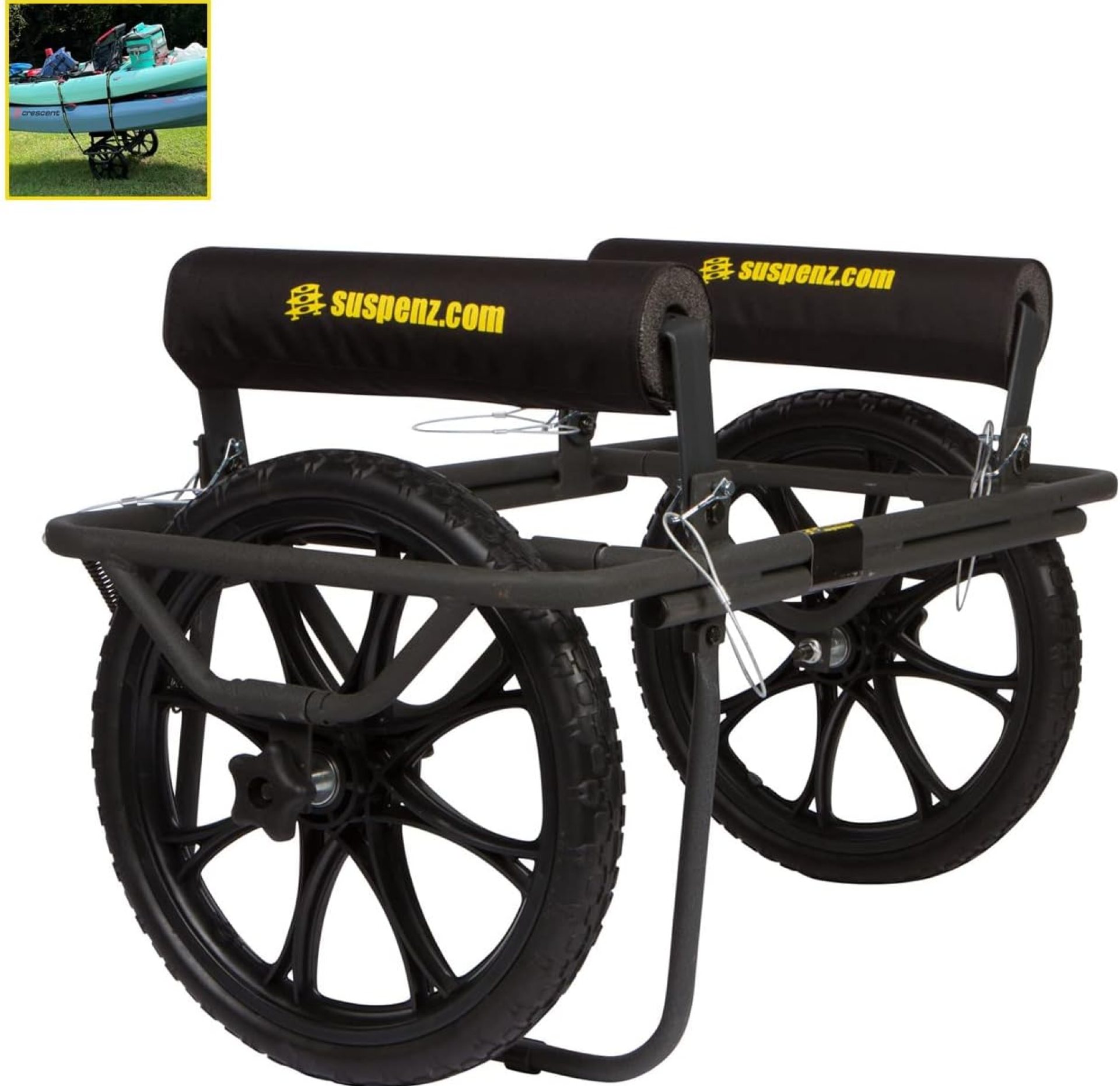 Suspenz Kayak Canoe Transport Cart, All-Terrain Super Duty Trolley Carrier with No-Flat Airless Wheels and Kickstand, 300 lb Load Capacity, Black (22-9908) Suspenz Kayak Canoe Transport Cart, All-Terrain Super Duty Trolley Carrier with No-Flat Airless Wheels and Kickstand, 300 lb Load Capacity, Black (22-9908)