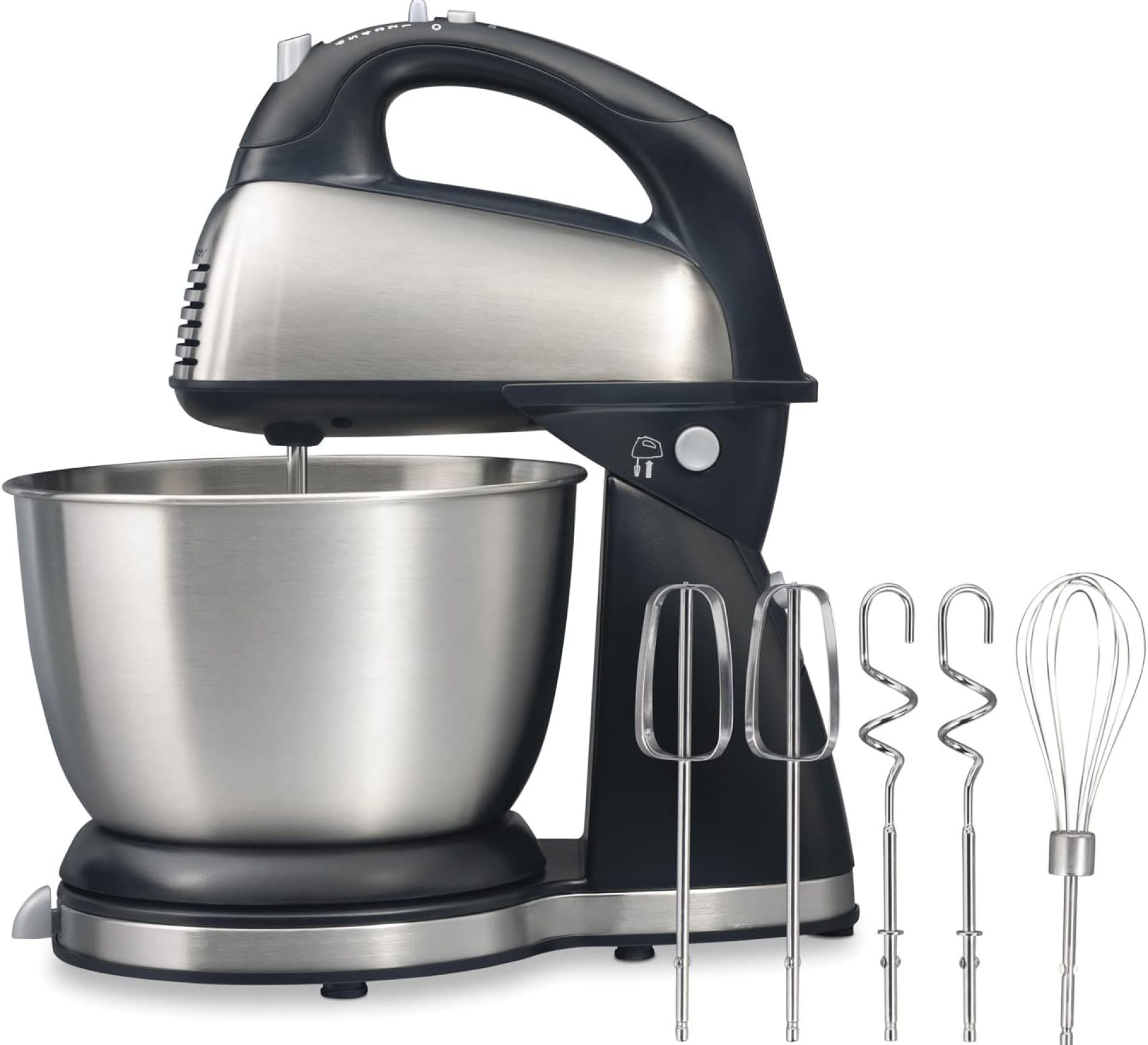 Hamilton Beach Classic Stand and Hand Mixer, 4 Quarts, 6 Speeds with QuickBurst, Bowl Rest, 290 Watts Peak Power, Black and Stainless Hamilton Beach Classic Stand and Hand Mixer, 4 Quarts, 6 Speeds with QuickBurst, Bowl Rest, 290 Watts Peak Power, Black and Stainless