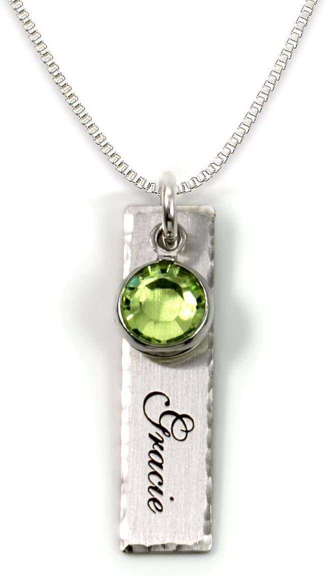 AJ’s Collection Single Edge-Hammered Personalized Charm Necklace. Customize Sterling Silver Rectangular Pendant with Name and Birthstone. Includes a 925, Sterling Silver Chain. Makes Gifts for Her AJ’s Collection Single Edge-Hammered Personalized Charm Necklace. Customize Sterling Silver Rectangular Pendant with Name and Birthstone. Includes a 925, Sterling Silver Chain. Makes Gifts for Her