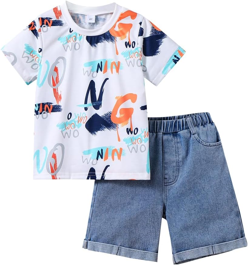 Toddler Boy Shorts Sets -Letter Graphic Print Short Sleeve T Shirt Top and Denim Shorts Suits -Boy Summer Outfits Toddler Boy Shorts Sets -Letter Graphic Print Short Sleeve T Shirt Top and Denim Shorts Suits -Boy Summer Outfits