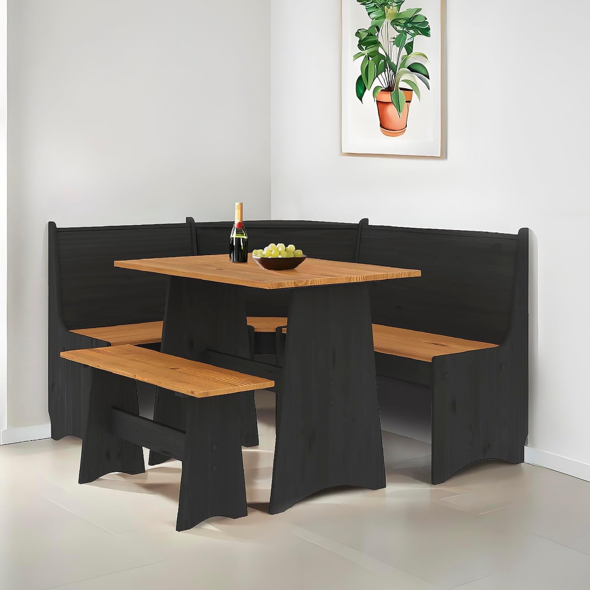 Breakfast Nook Corner Dining Table Kitchen Bench Chair Set, Space-Saving 3-5 People Seat Reversible L-Shape for Family Home Black Wood Breakfast Nook Corner Dining Table Kitchen Bench Chair Set, Space-Saving 3-5 People Seat Reversible L-Shape for Family Home Black Wood