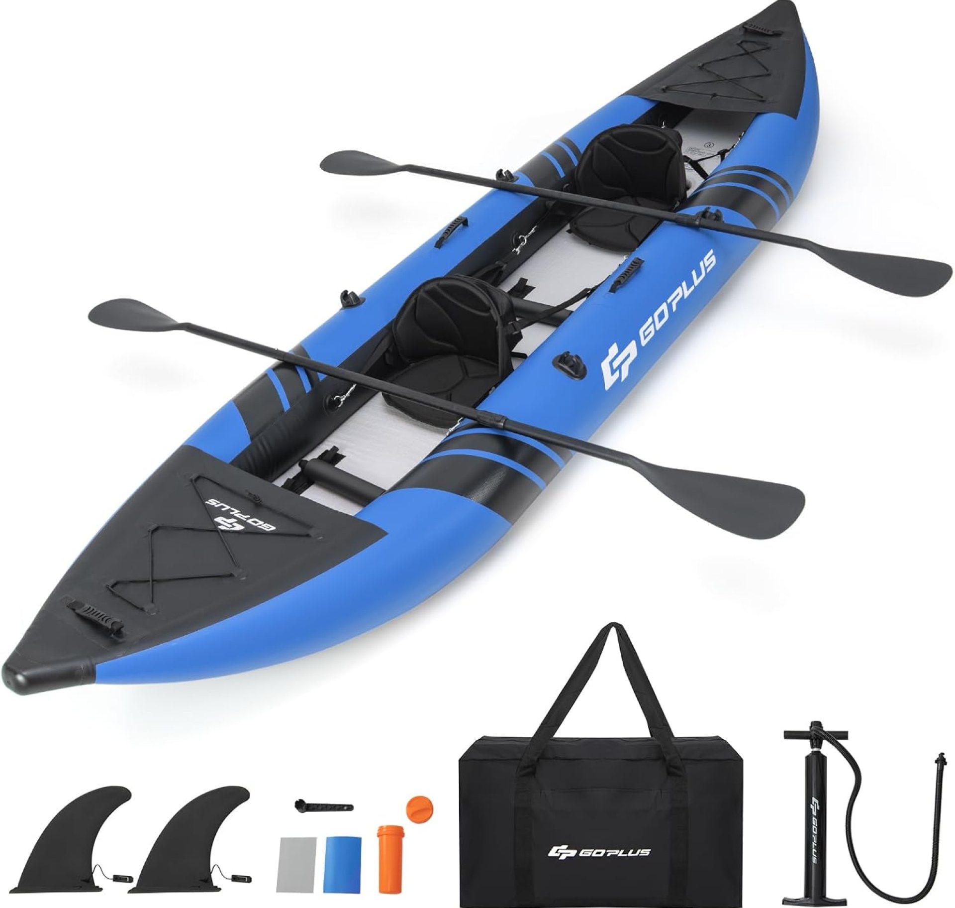 Goplus Inflatable Kayak, 2-Person Kayak Set for Adults with 507 LBS Weight Capacity, 2 Aluminium Oars, EVA Padded Seat, 2 Fins, Hand Pump, Carry Bag, Repair Kit, Portable Touring Kayaks Goplus Inflatable Kayak, 2-Person Kayak Set for Adults with 507 LBS Weight Capacity, 2 Aluminium Oars, EVA Padded Seat, 2 Fins, Hand Pump, Carry Bag, Repair Kit, Portable Touring Kayaks