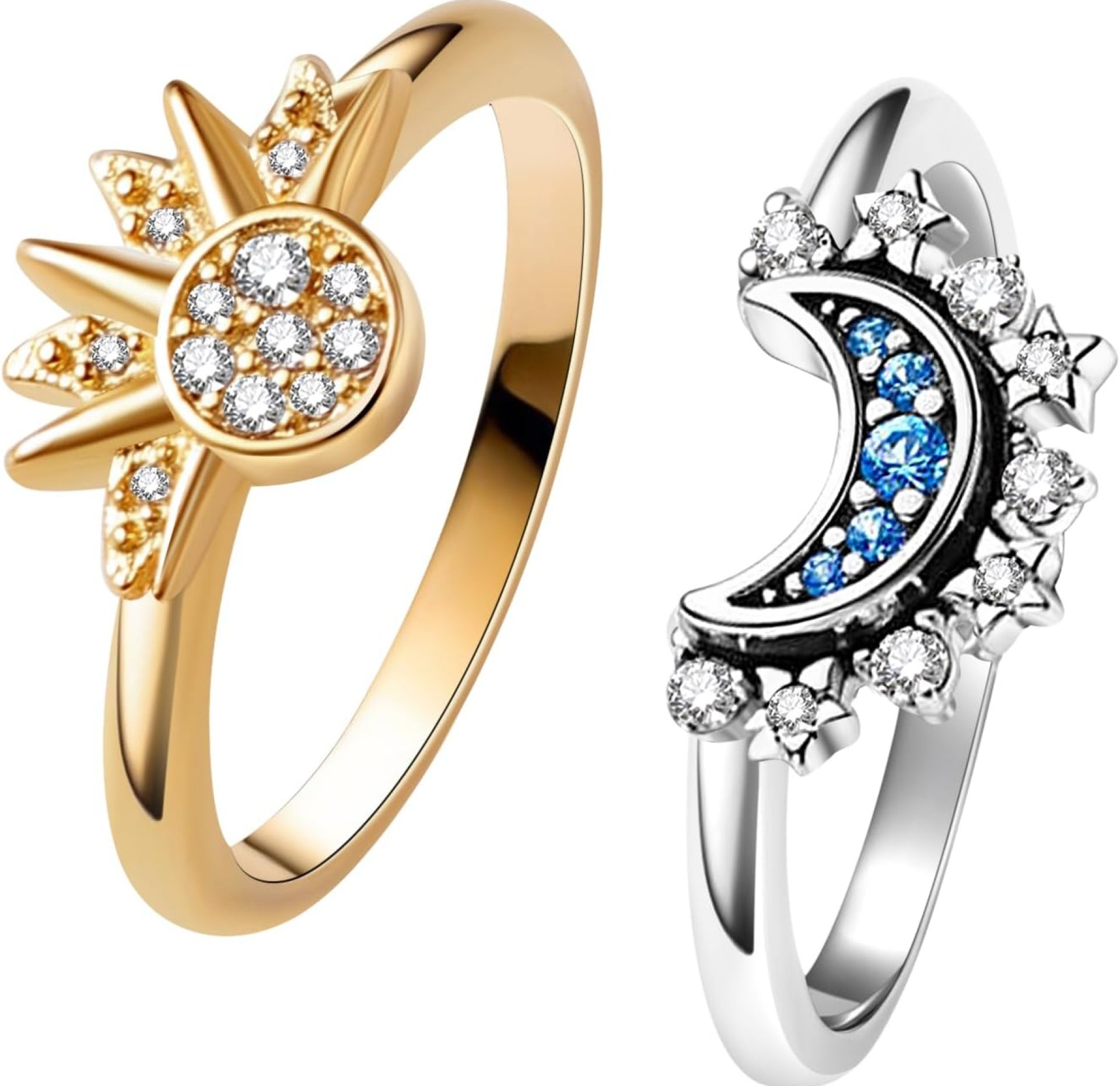 Celestial Sun and Moon Ring Set, Sparkling Sun Ring/Blue Moon Ring with 14k Gold/Silver Plating, Friendship Promise Ring, Stackable Celestial Rings, Gift for Women Celestial Sun and Moon Ring Set, Sparkling Sun Ring/Blue Moon Ring with 14k Gold/Silver Plating, Friendship Promise Ring, Stackable Celestial Rings, Gift for Women