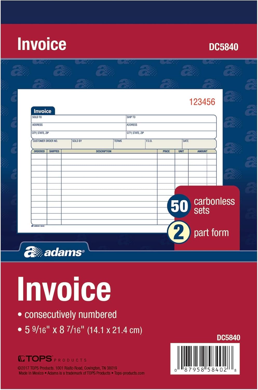 Adams Invoice Book, 2-Part, Carbonless, 5-9/16 x 8-7/16 Inches, 50 Sets per Book (DC5840) Adams Invoice Book, 2-Part, Carbonless, 5-9/16 x 8-7/16 Inches, 50 Sets per Book (DC5840)