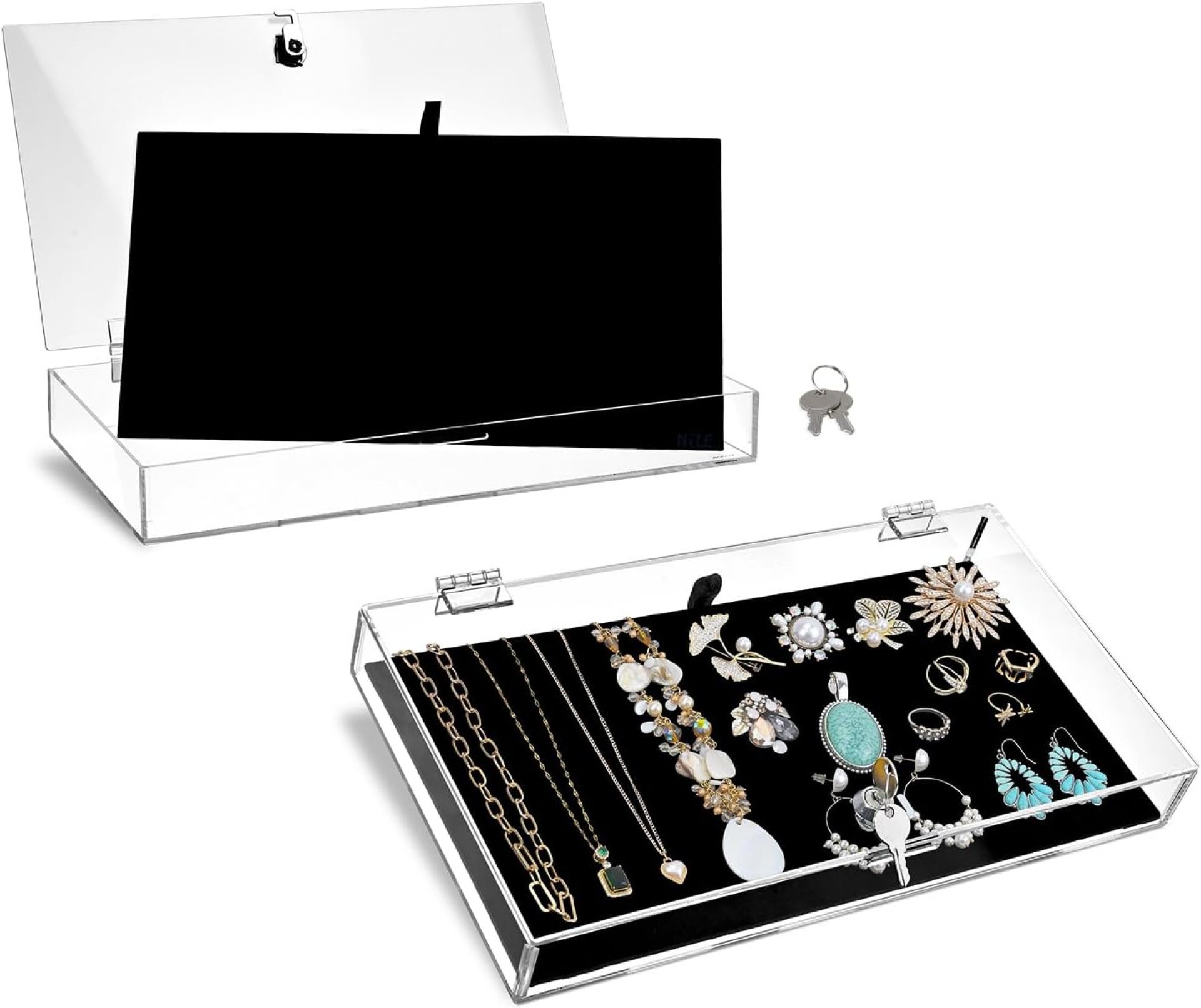 MOOCA 2 Pcs Set Acrylic Locking Jewelry Display Case with Removable Black Luxurious MDF Velvet Pad, Pocket Knife Acrylic Collection Display Case MOOCA 2 Pcs Set Acrylic Locking Jewelry Display Case with Removable Black Luxurious MDF Velvet Pad, Pocket Knife Acrylic Collection Display Case