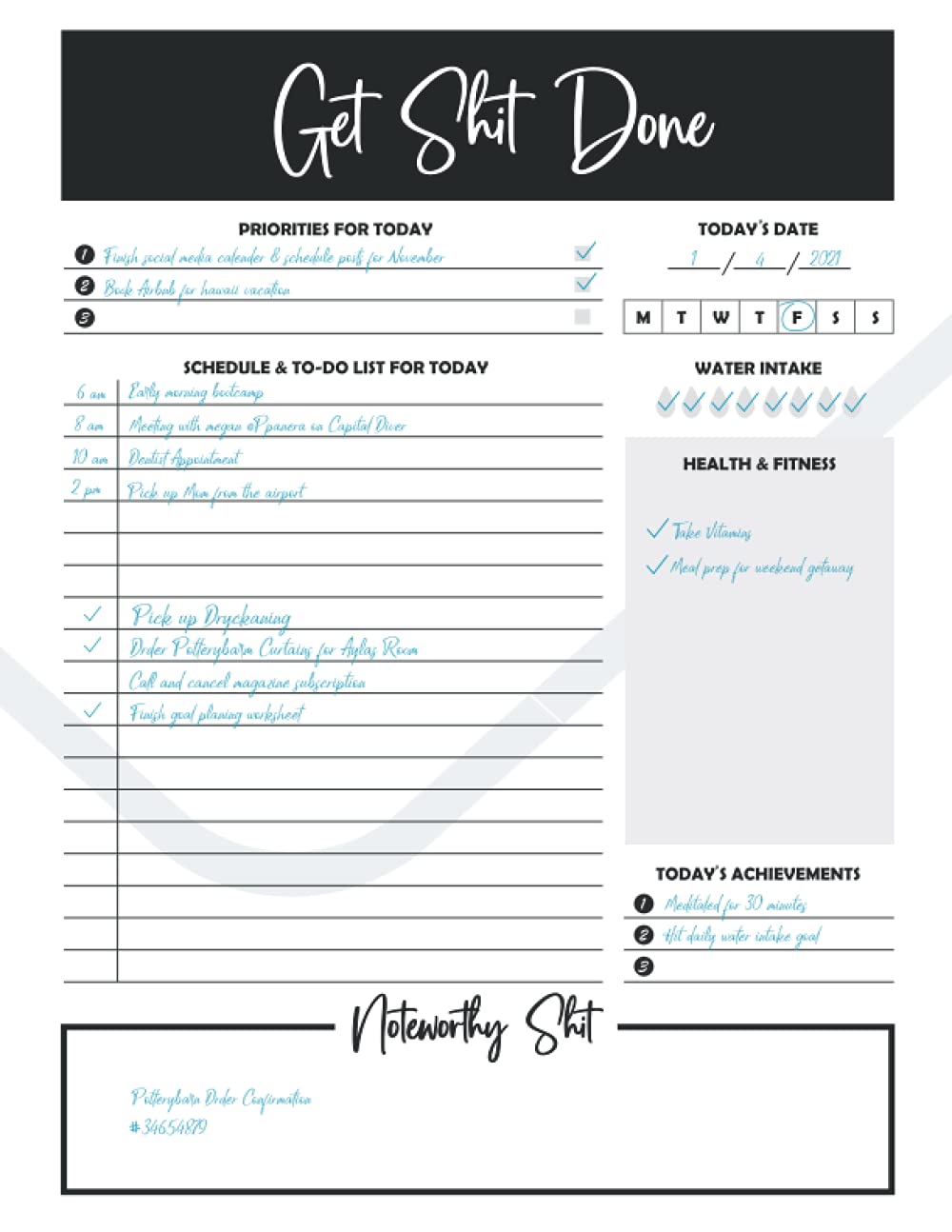 AZ PRO Collections Get Shit Done: Daily Planner , 50 Undated Sheets, Desk Notepad, Schedule, To-Do List, Task Planner, Productivity Organizer, Health & Fitness Tracker, 8.5×11 AZ PRO Collections Get Shit Done: Daily Planner , 50 Undated Sheets, Desk Notepad, Schedule, To-Do List, Task Planner, Productivity Organizer, Health & Fitness Tracker, 8.5×11