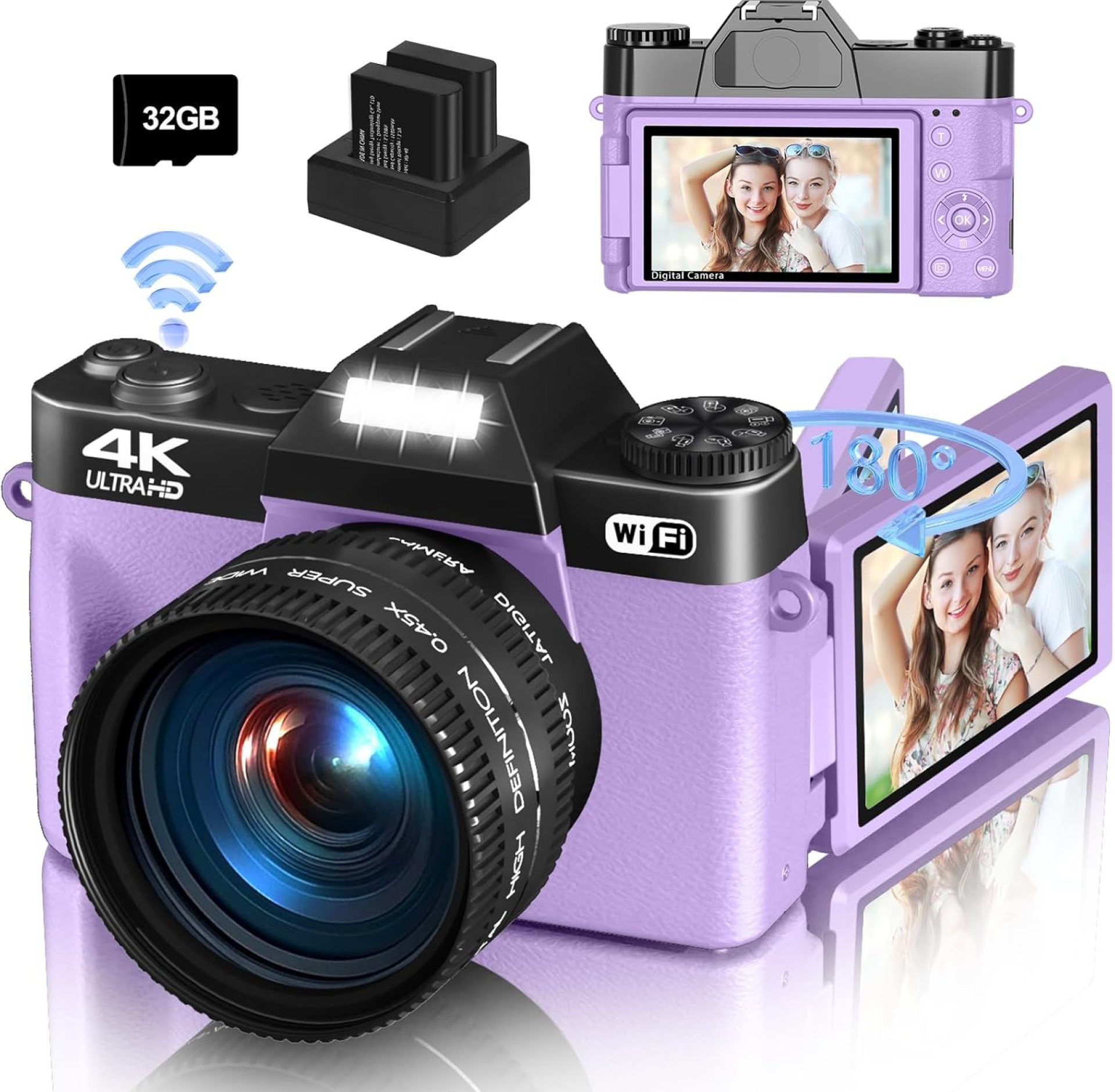 4K Digital Camera for Photography & Vlogging, 56MP YouTube Camera with WiFi, 3″ 180° Flip Screen, 16X Digital Zoom, 52mm Wide Angle & Macro Lens, 32GB TF Card, 2 Batteries – Purple 4K Digital Camera for Photography & Vlogging, 56MP YouTube Camera with WiFi, 3″ 180° Flip Screen, 16X Digital Zoom, 52mm Wide Angle & Macro Lens, 32GB TF Card, 2 Batteries – Purple