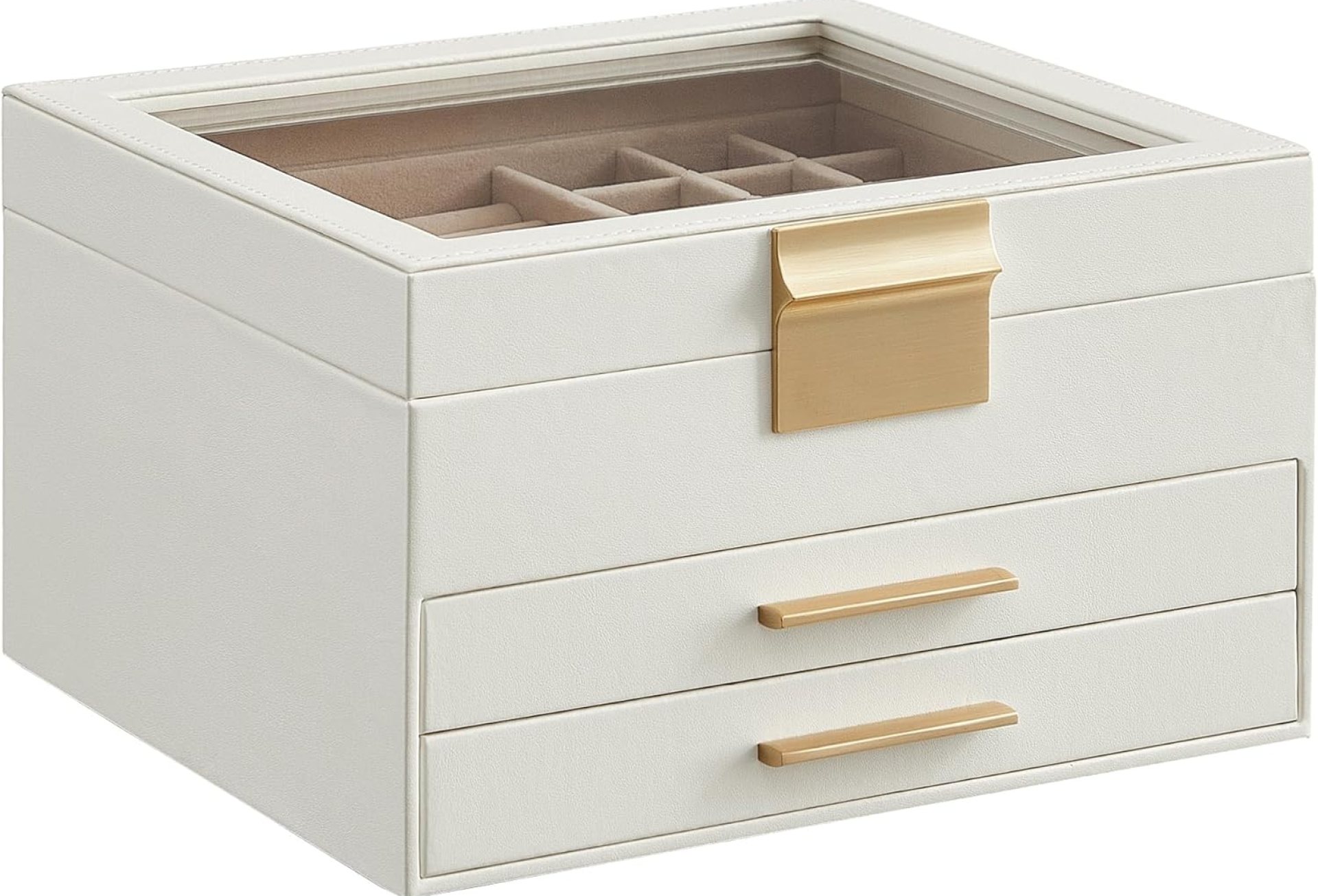 SONGMICS Jewelry Box with Glass Lid, 3-Layer Jewelry Organizer, 2 Drawers, for Big and Small Jewelry, Modern Style, 8 x 9.1 x 5.3 Inches, Valentine’s Day Gift, Cloud White and Gold Color UJBC239WT SONGMICS Jewelry Box with Glass Lid, 3-Layer Jewelry Organizer, 2 Drawers, for Big and Small Jewelry, Modern Style, 8 x 9.1 x 5.3 Inches, Valentine’s Day Gift, Cloud White and Gold Color UJBC239WT