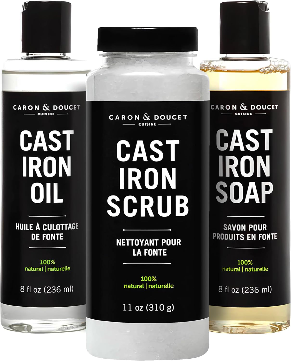 CARON & DOUCET – Ultimate Cast Iron Set: Seasoning Oil, Cleaning Soap & Restoring Scrub | 100% Plant-Based & Best for Cleaning Care, Washing, Restoring & Seasoning Skillets, Pans & Grills! CARON & DOUCET – Ultimate Cast Iron Set: Seasoning Oil, Cleaning Soap & Restoring Scrub | 100% Plant-Based & Best for Cleaning Care, Washing, Restoring & Seasoning Skillets, Pans & Grills!