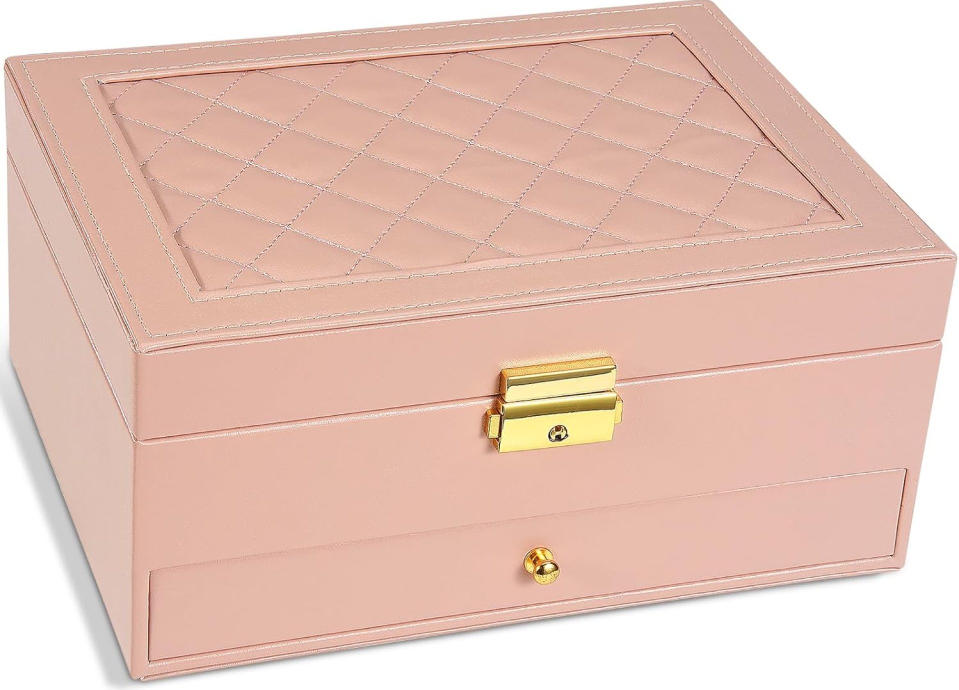 2-Layer Jewelry Box for women, jewelry organizers and storage with Removable Jewelry Tray, vintage quilted top Lockable Jewelry Holder Gift Idea Pink 2-Layer Jewelry Box for women, jewelry organizers and storage with Removable Jewelry Tray, vintage quilted top Lockable Jewelry Holder Gift Idea Pink