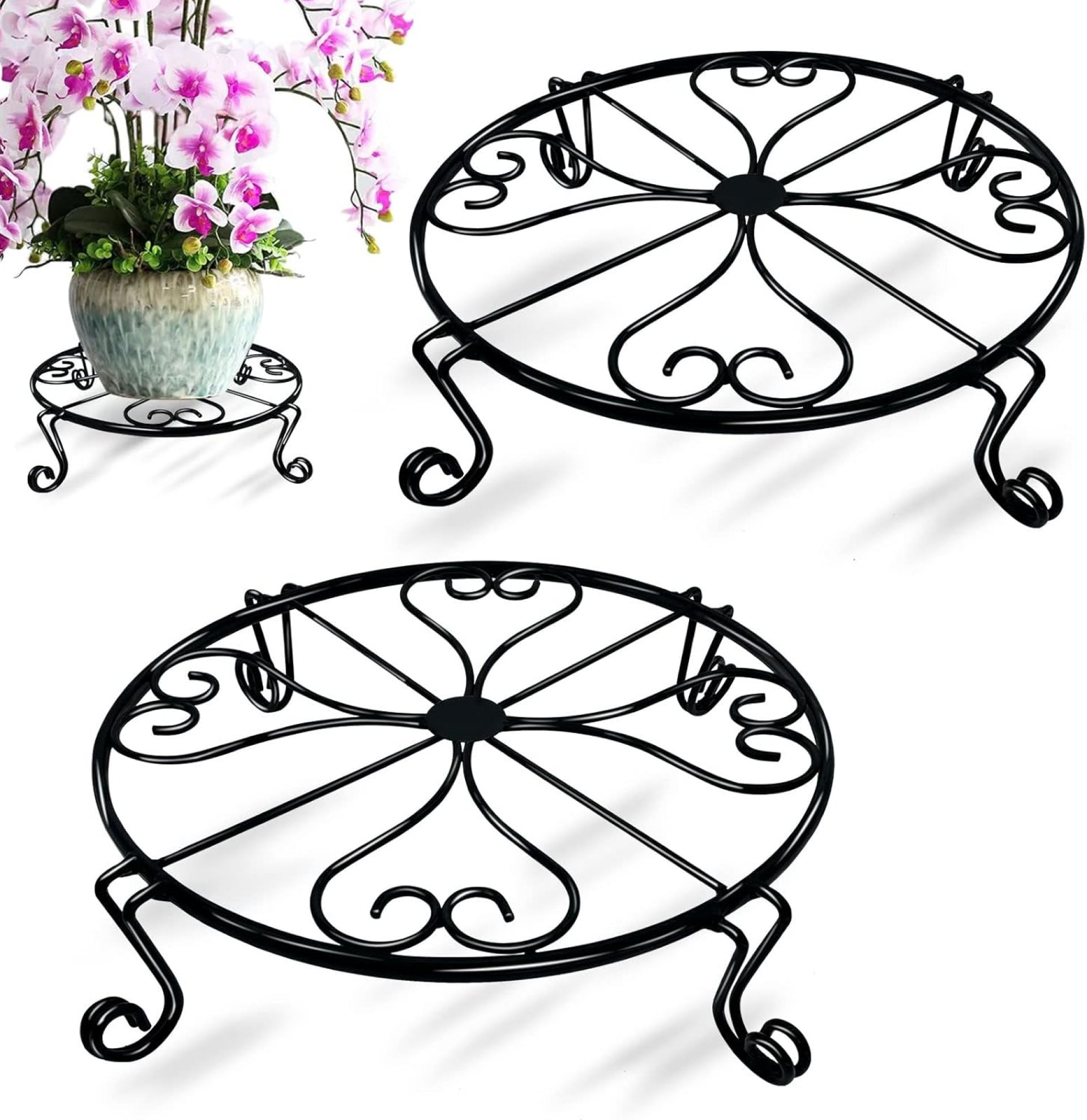 2 packs 12″ Black Metal Plant Stands Heavy Duty Plants Holder Outdoor Indoor, Round Wrought Iron Flower Planter Pot Stand, Corner Gardening Pumpkin Stand – 12Inches 2 packs 12″ Black Metal Plant Stands Heavy Duty Plants Holder Outdoor Indoor, Round Wrought Iron Flower Planter Pot Stand, Corner Gardening Pumpkin Stand – 12Inches